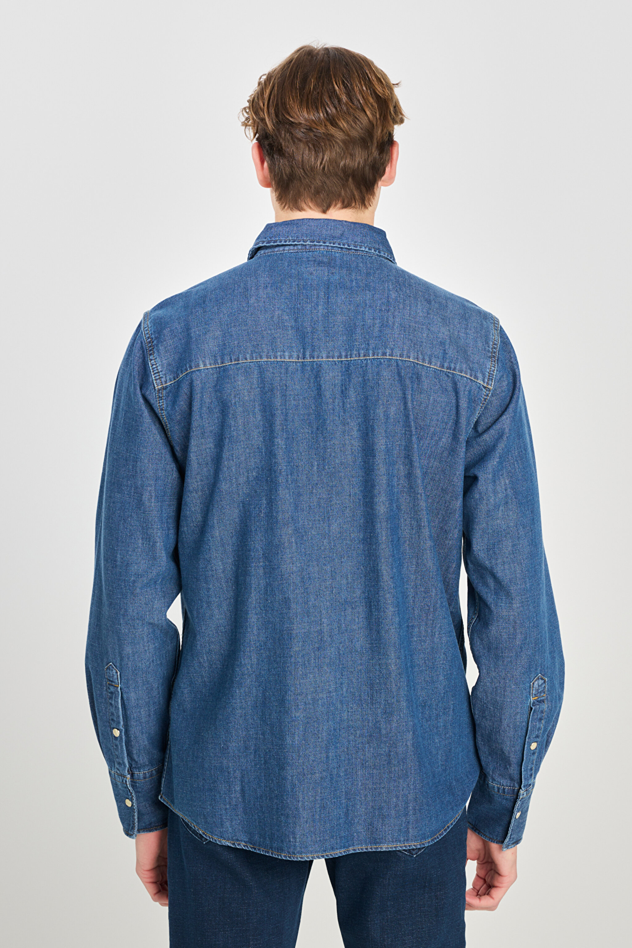 Regular Fit Normal Kesim %100 Pamuk Mavi Jean Kot Gömlek - Mid Blue-L241513XT (görsel 5)
