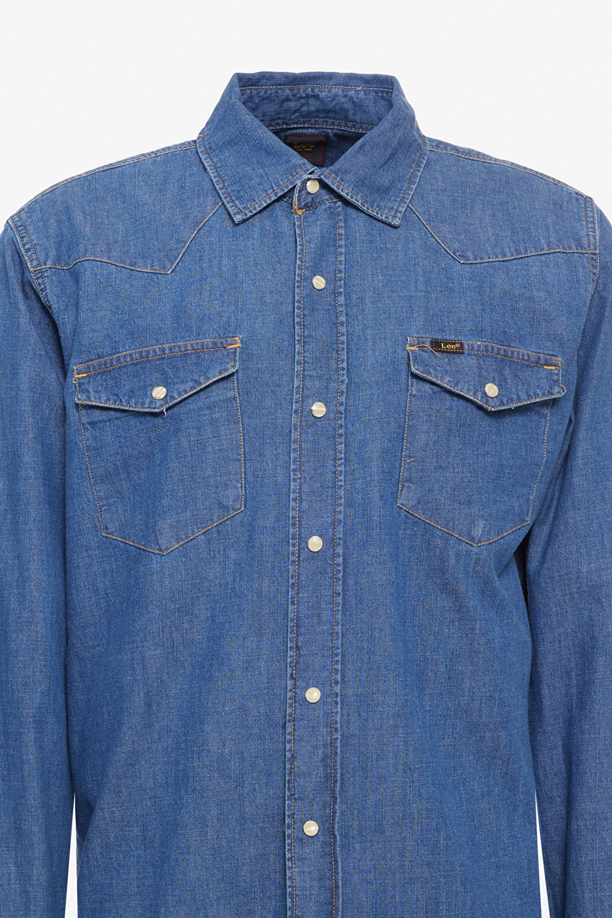 Regular Fit Normal Kesim %100 Pamuk Mavi Jean Kot Gömlek - Mid Blue-L241513XT (görsel 8)