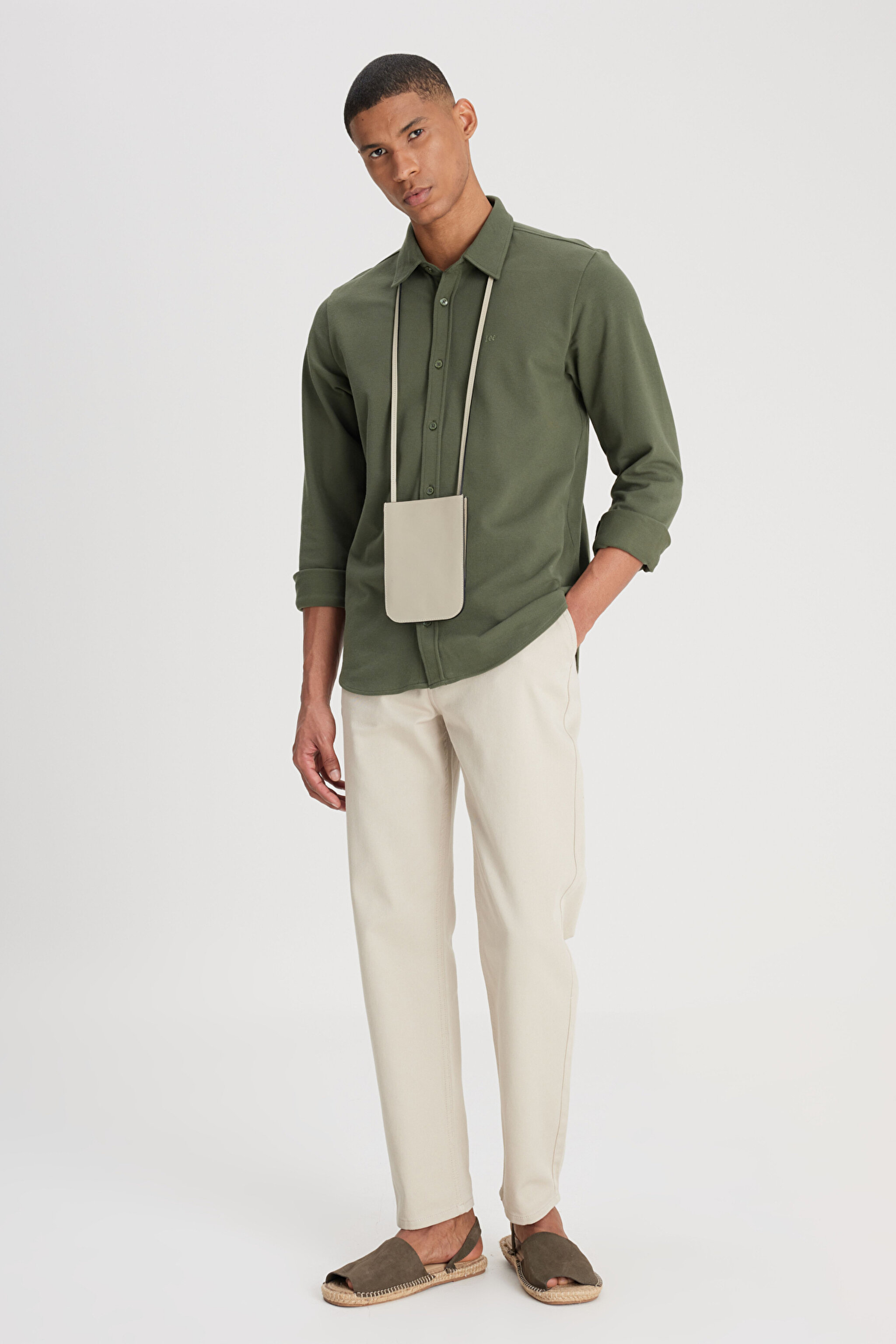 Regular Fit Normal Kesim %100 Pamuk Haki Gömlek - Khaki-L241567801 (görsel 3)