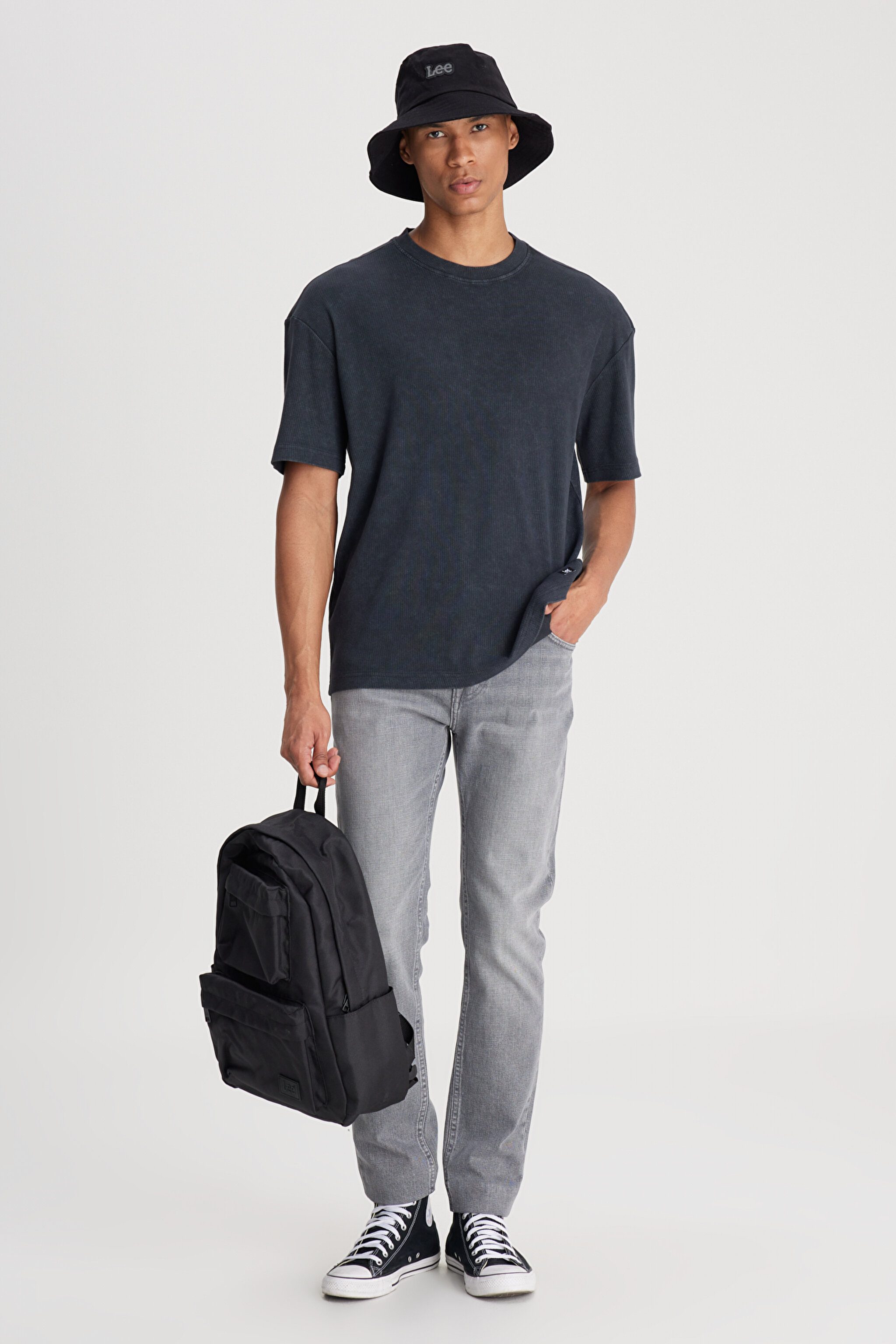 Loose Fit Rahat Kesim Bisiklet Yaka Antrasit Tişört - Anthracite-L241569003 (görsel 3)