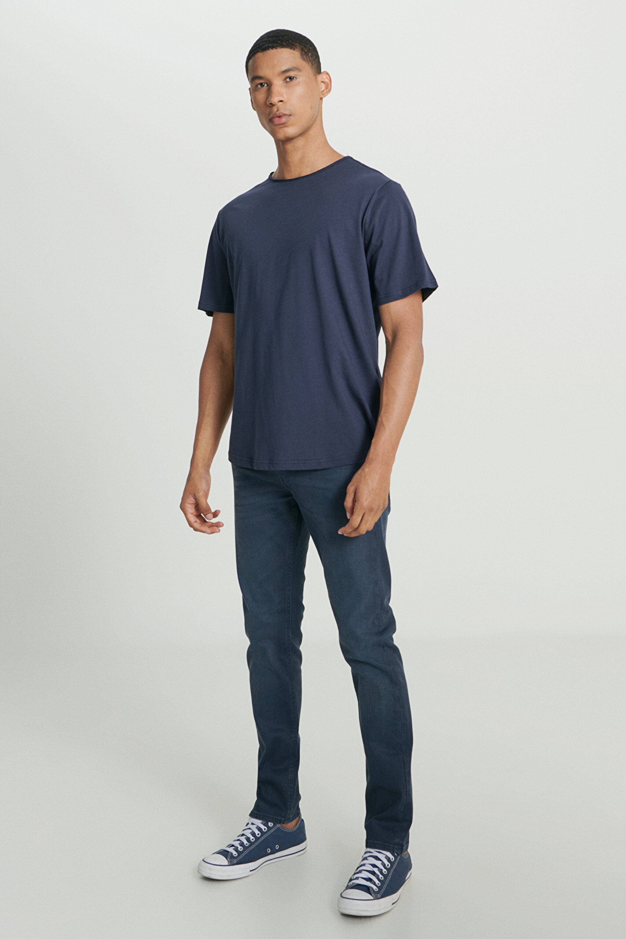 Regular Fit Normal Kesim Bisiklet Yaka %100 Pamuk Lacivert Tişört - Navy-L241570410 (görsel 4)