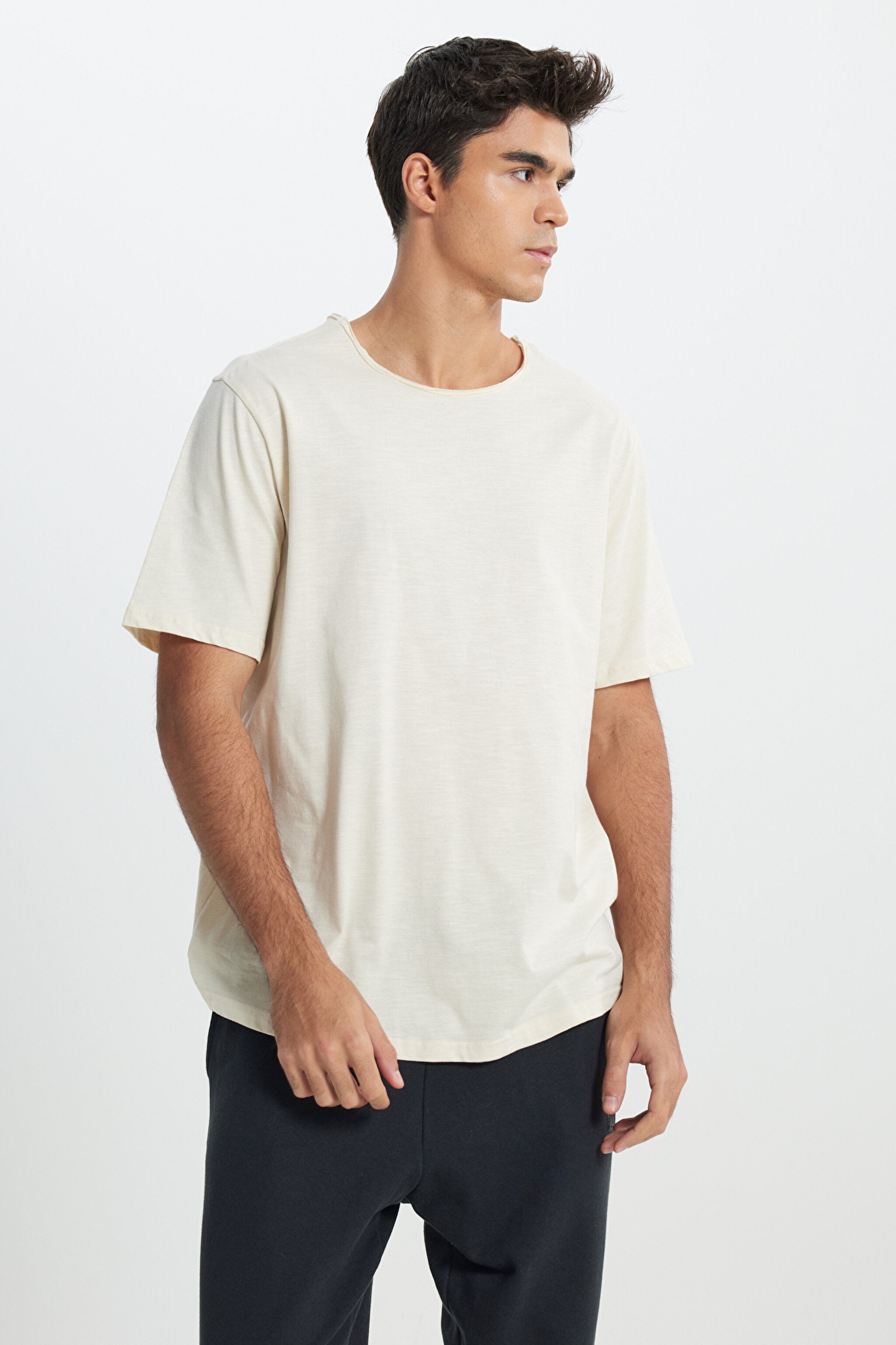 Regular Fit Normal Kesim Bisiklet Yaka %100 Pamuk Bej Tişört - Beige-L241570614 (görsel 4)