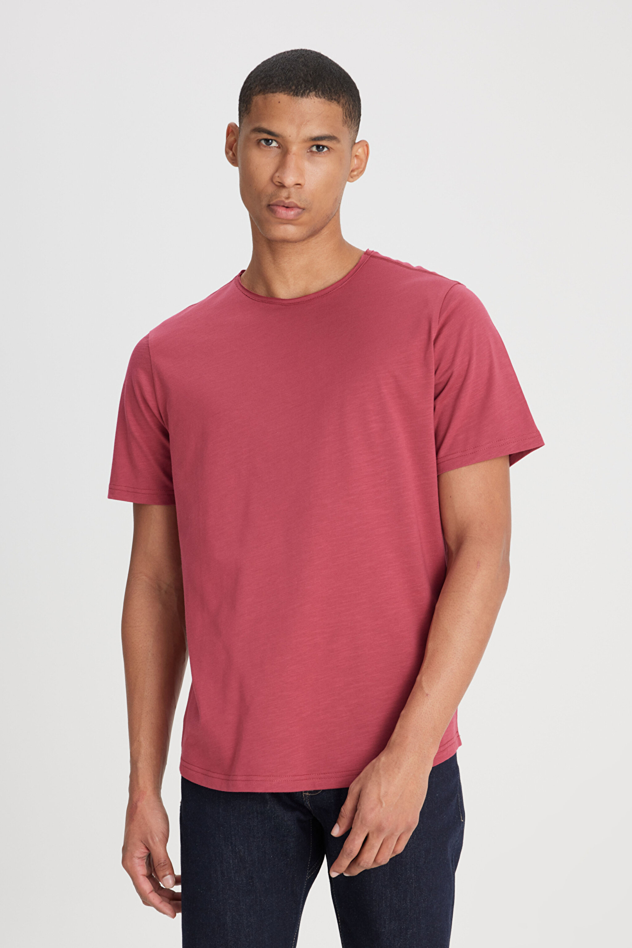 あまページ Regular Fit Normal Kesim Bisiklet Yaka %100 Pamuk Gül Kurusu