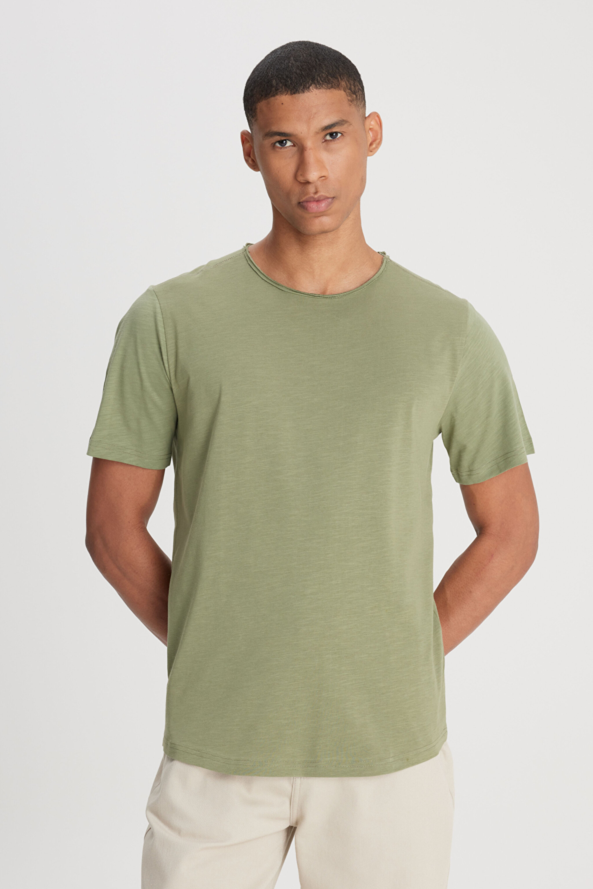 Regular Fit Normal Kesim Bisiklet Yaka %100 Pamuk Zeytin Yeşili Tişört - Olive Grove-L241570A61 (görsel 2)
