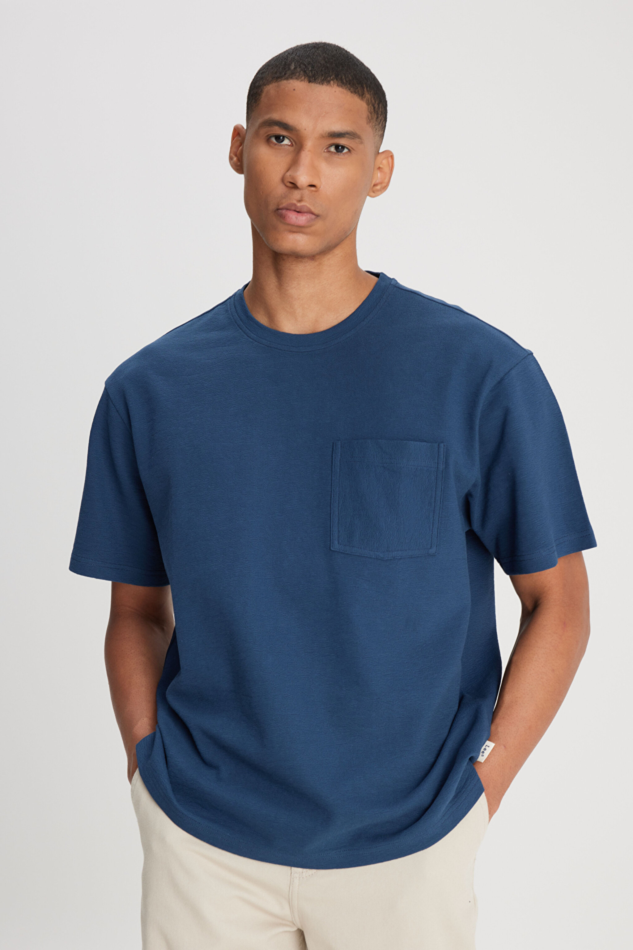 Loose Fit Rahat Kesim Bisiklet Yaka %100 Pamuk Lacivert Tişört - İndigo-L241571TF