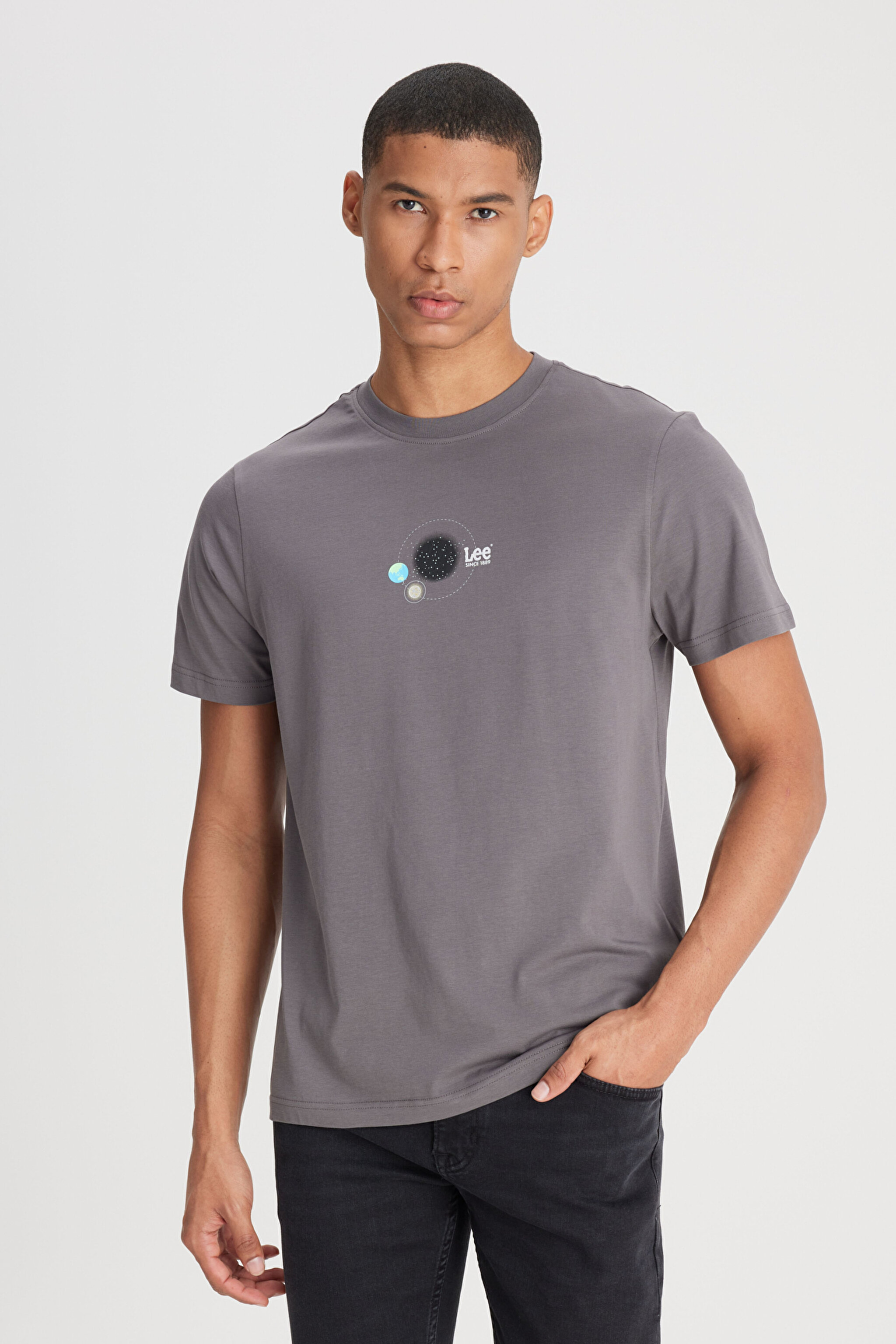 Regular Fit Normal Kesim Bisiklet Yaka %100 Pamuk Antrasit Tişört - Anthracite-L241579003