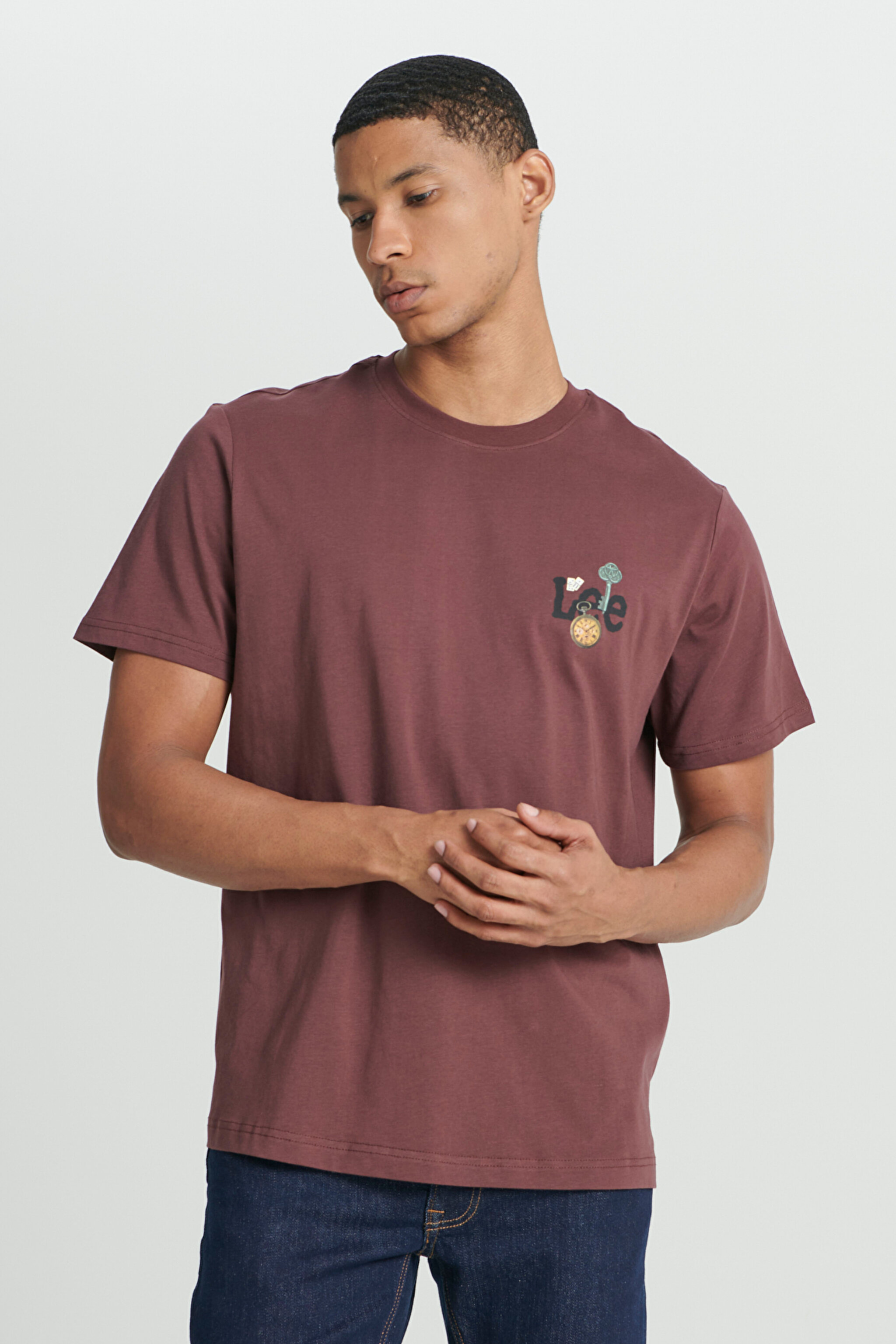 Regular Fit Normal Kesim Bisiklet Yaka %100 Pamuk Bordo Tişört - Wine-L241582810