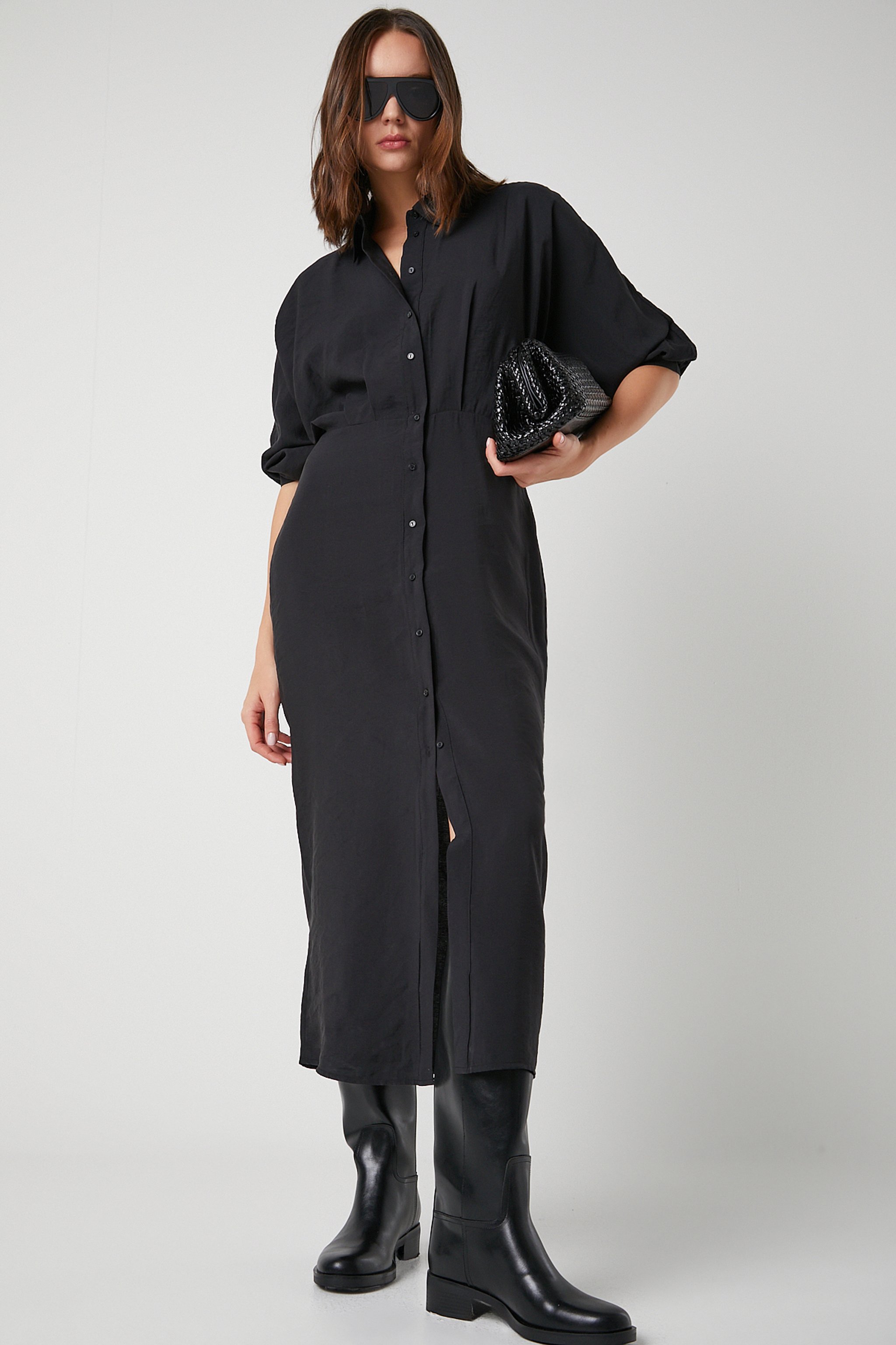 Loose Fit Rahat Kesim Siyah Gömlek Elbise - Black-L241612001