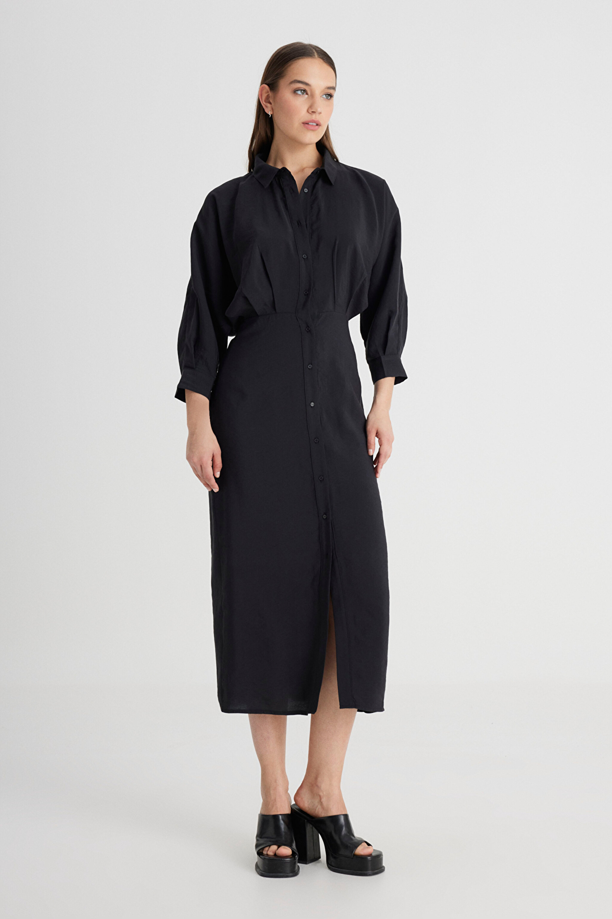 Loose Fit Rahat Kesim Siyah Gömlek Elbise - Black-L241612001 (görsel 4)