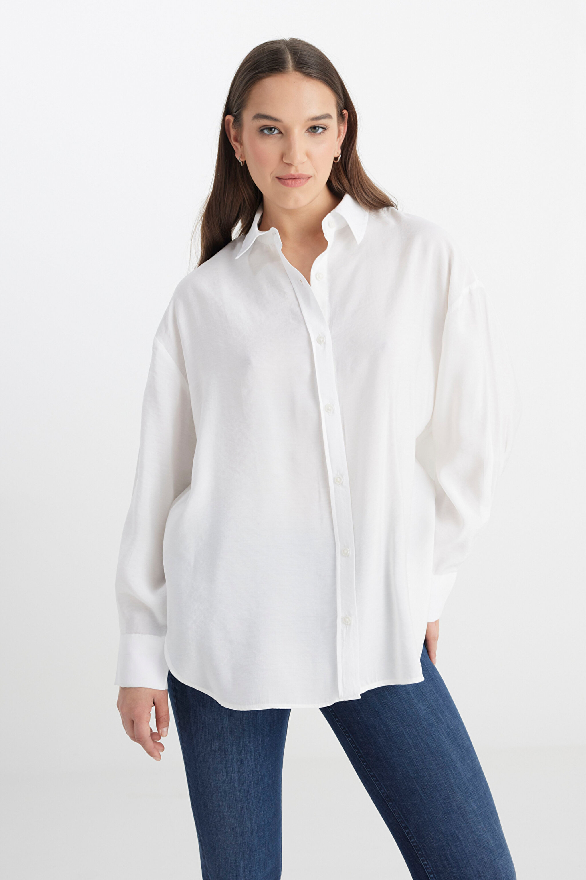 Loose Fit Rahat Kesim Beyaz Gömlek - White-L241614100 (görsel 2)