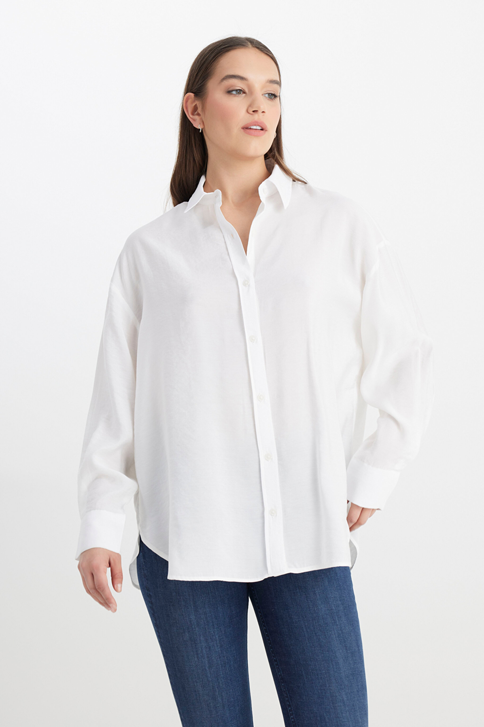 Loose Fit Rahat Kesim Beyaz Gömlek - White-L241614100 (görsel 6)