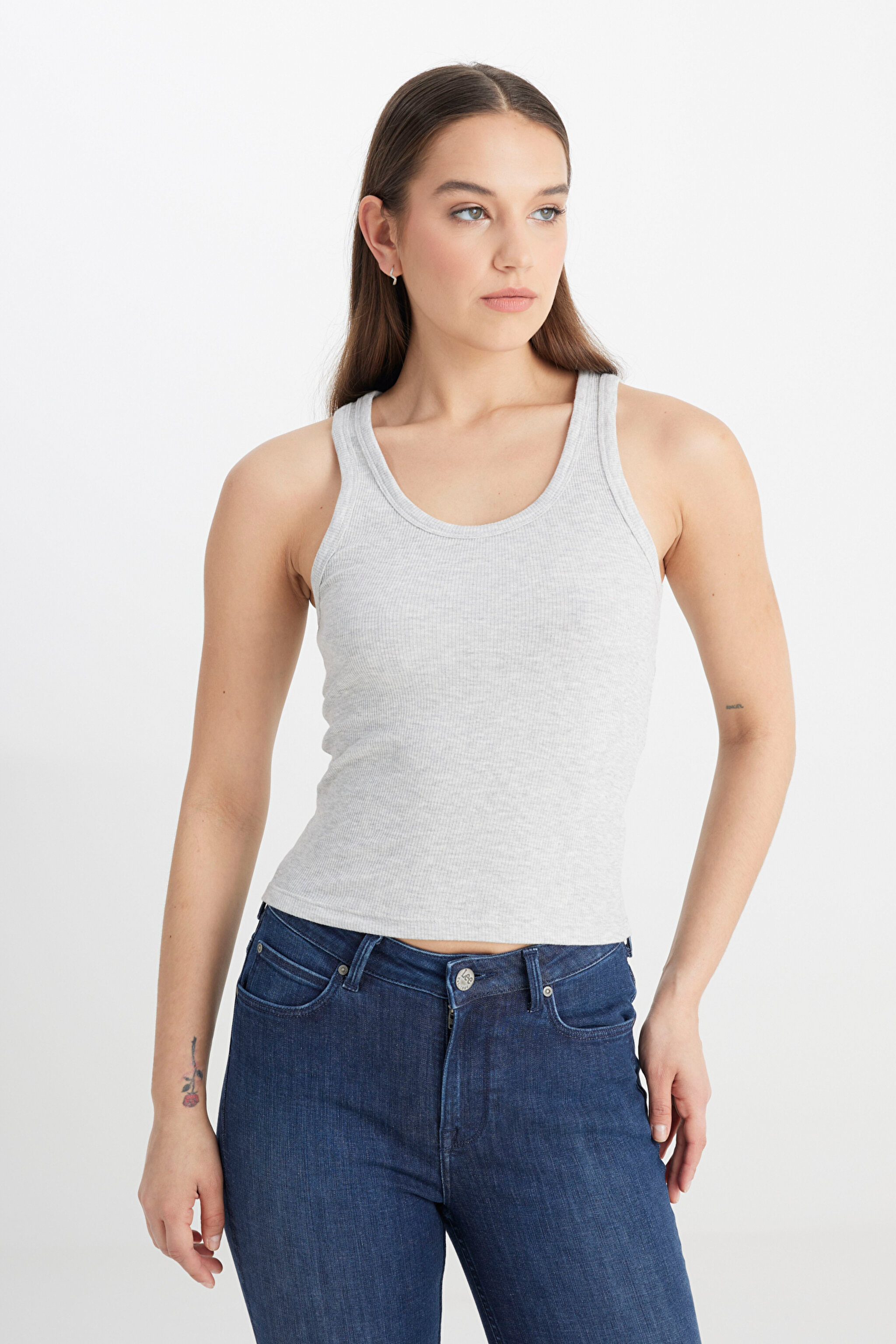 Slim Fit Dar Kesim Gri Tişört - Gray Melange-L241615036 (görsel 4)