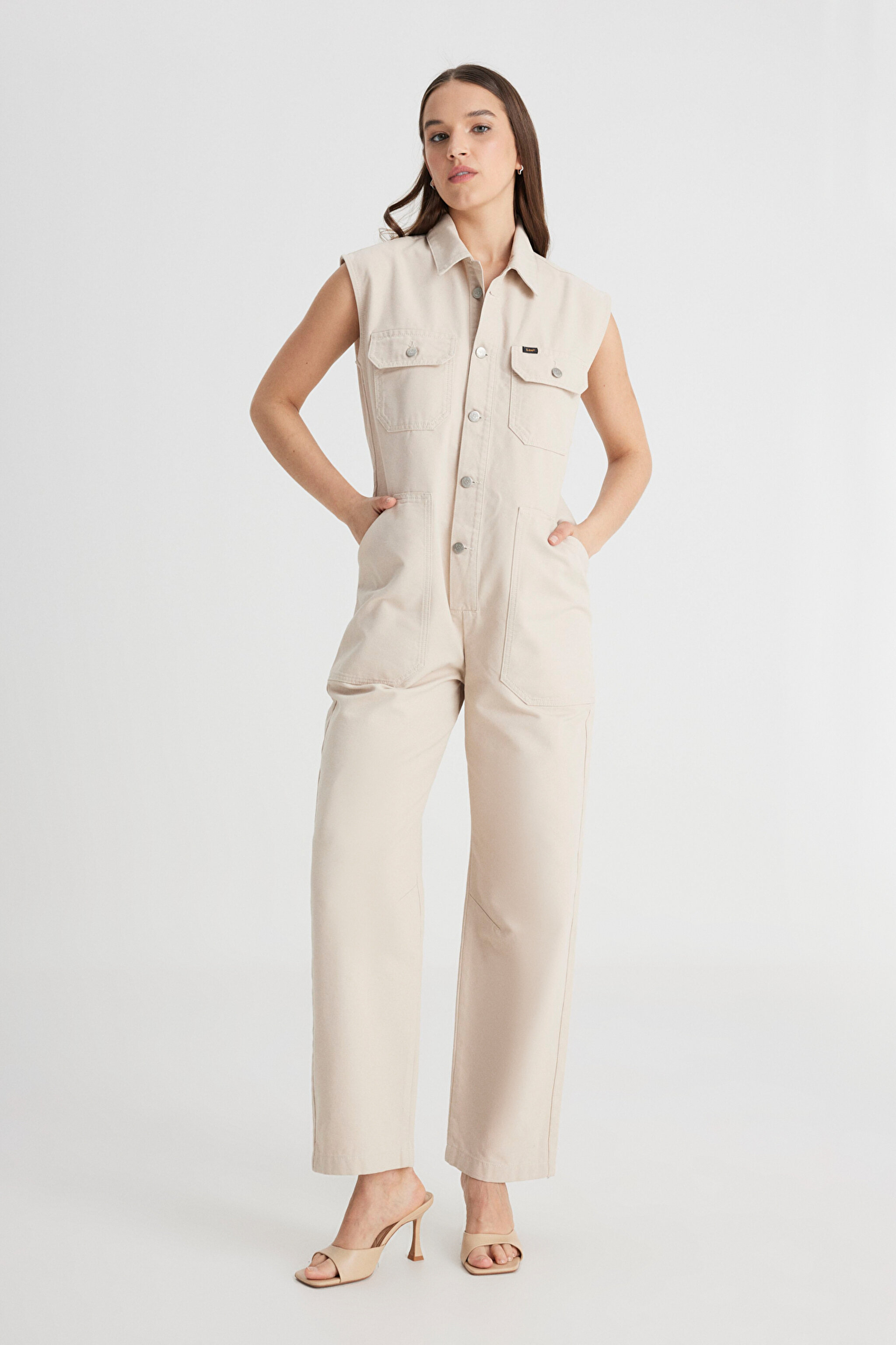 Straight Fit Düz Kesim Gömlek Yaka Düz Paça %100 Pamuk Bej Tulum - Beige-L241621614