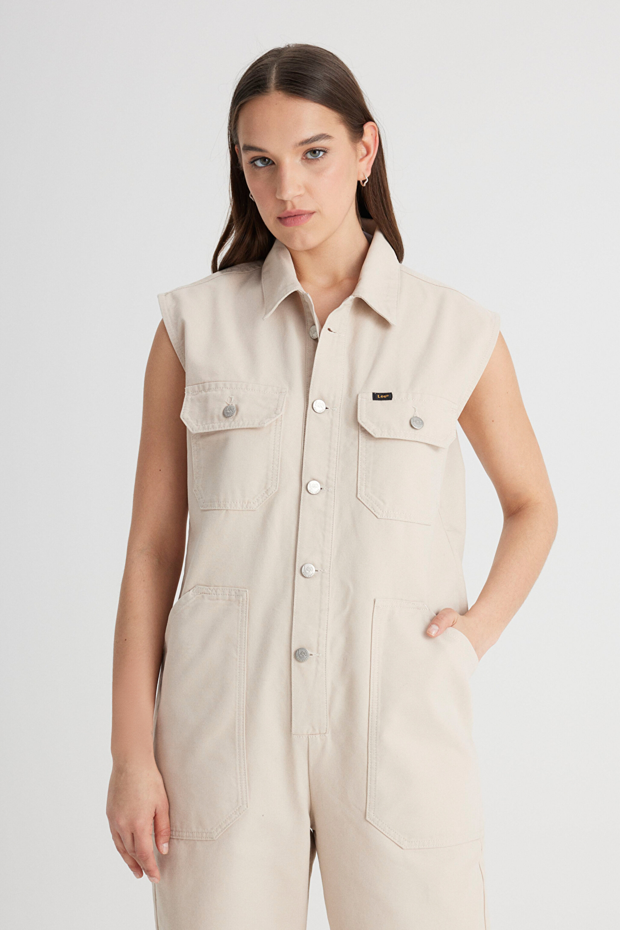 Straight Fit Düz Kesim Gömlek Yaka Düz Paça %100 Pamuk Bej Tulum - Beige-L241621614 (görsel 3)