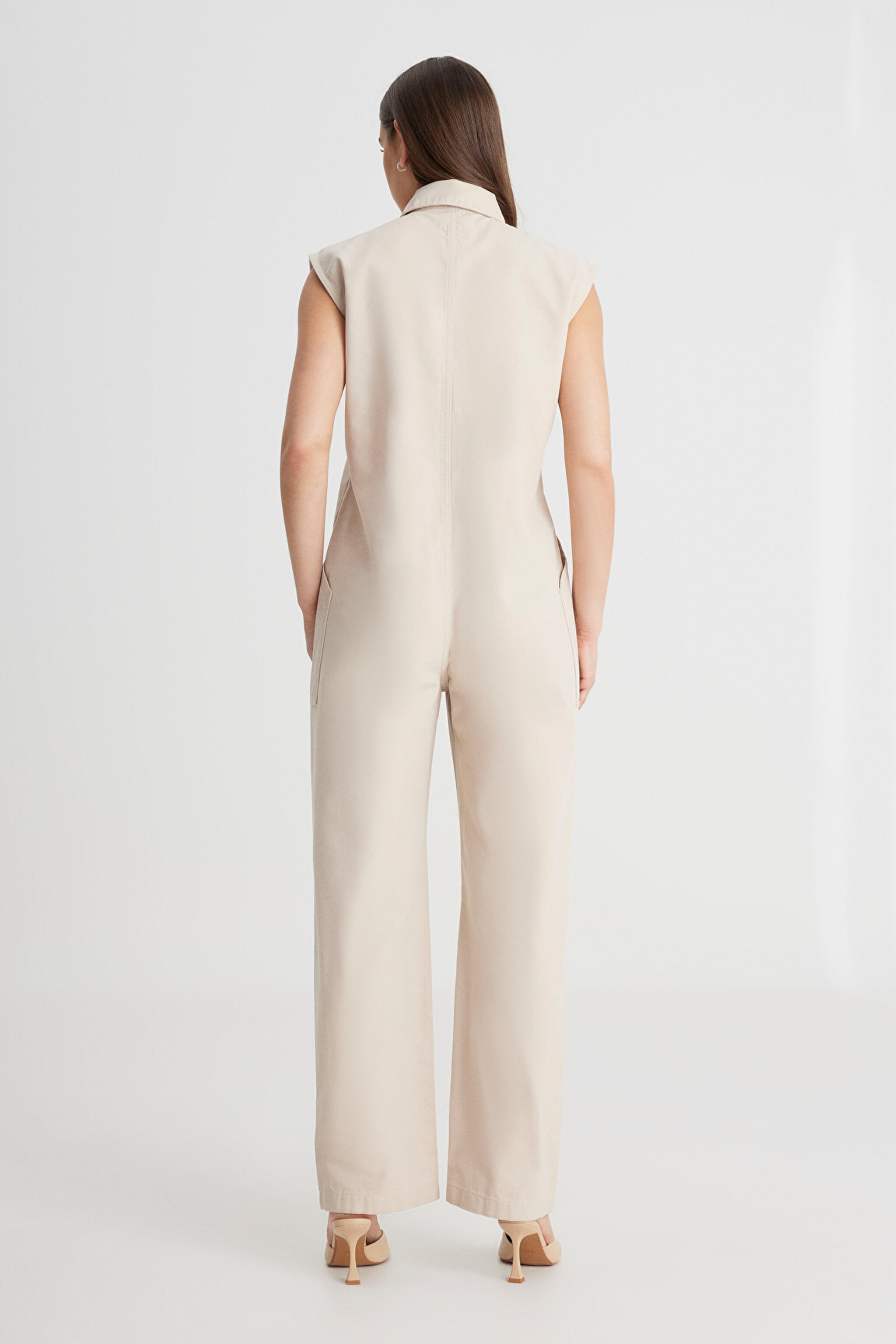 Straight Fit Düz Kesim Gömlek Yaka Düz Paça %100 Pamuk Bej Tulum - Beige-L241621614 (görsel 7)