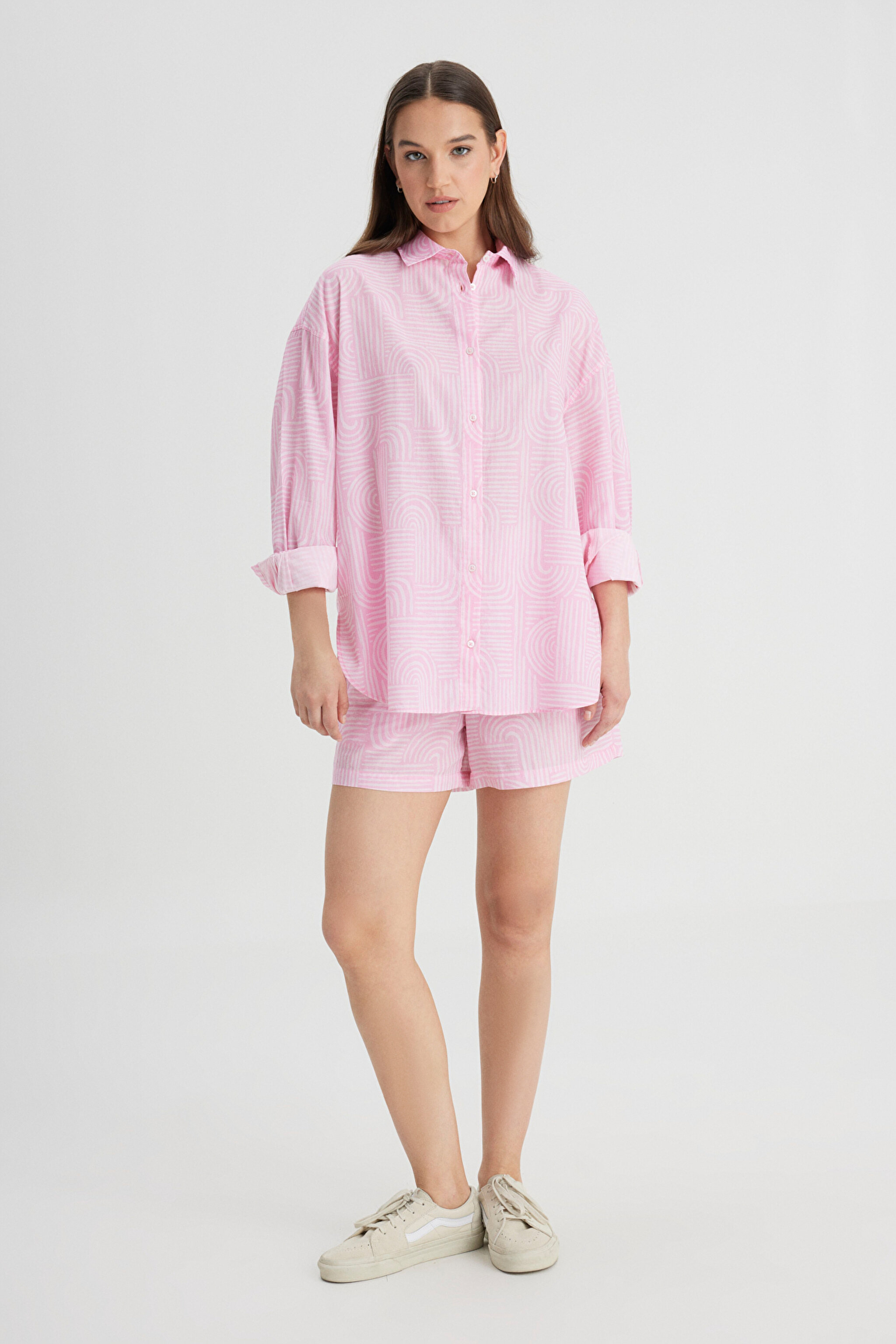 Relaxed Fit Geniş Kesim %100 Pamuk Pembe Gömlek - Pink-L241627611 (görsel 2)