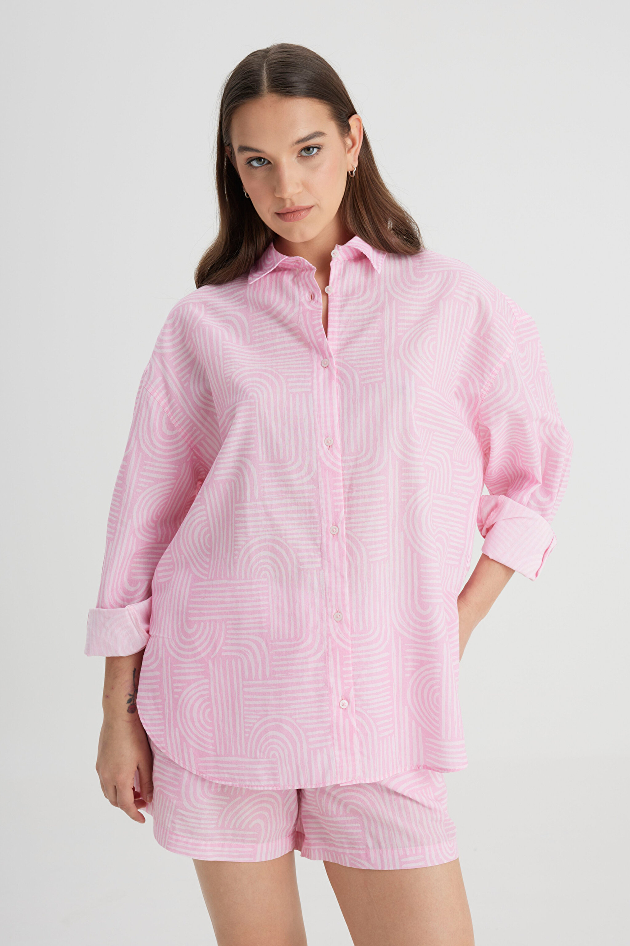Relaxed Fit Geniş Kesim %100 Pamuk Pembe Gömlek - Pink-L241627611 (görsel 4)