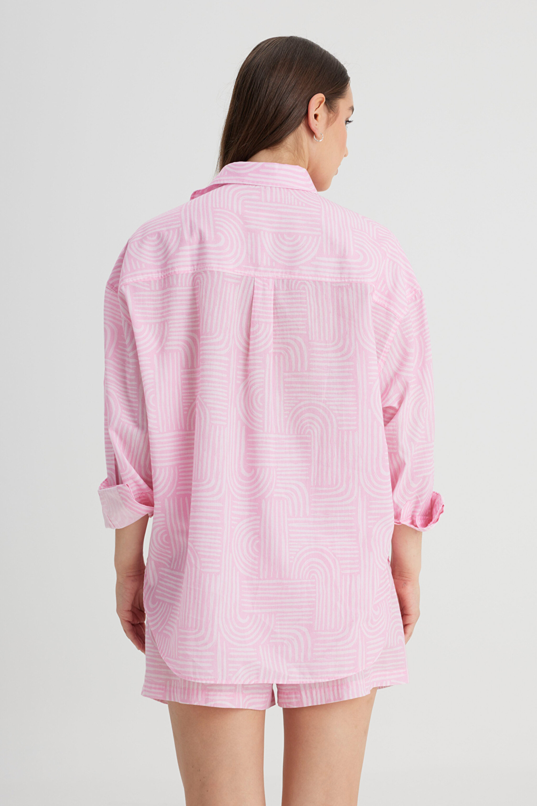 Relaxed Fit Geniş Kesim %100 Pamuk Pembe Gömlek - Pink-L241627611 (görsel 6)