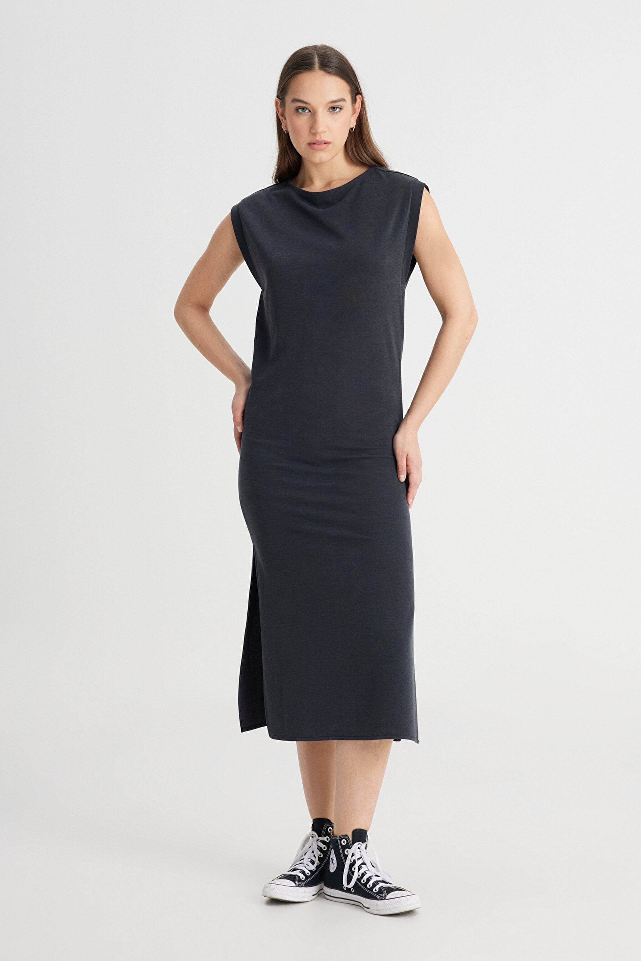 Regular Fit Normal Kesim Bisiklet Yaka Siyah Elbise - Black-L241629001
