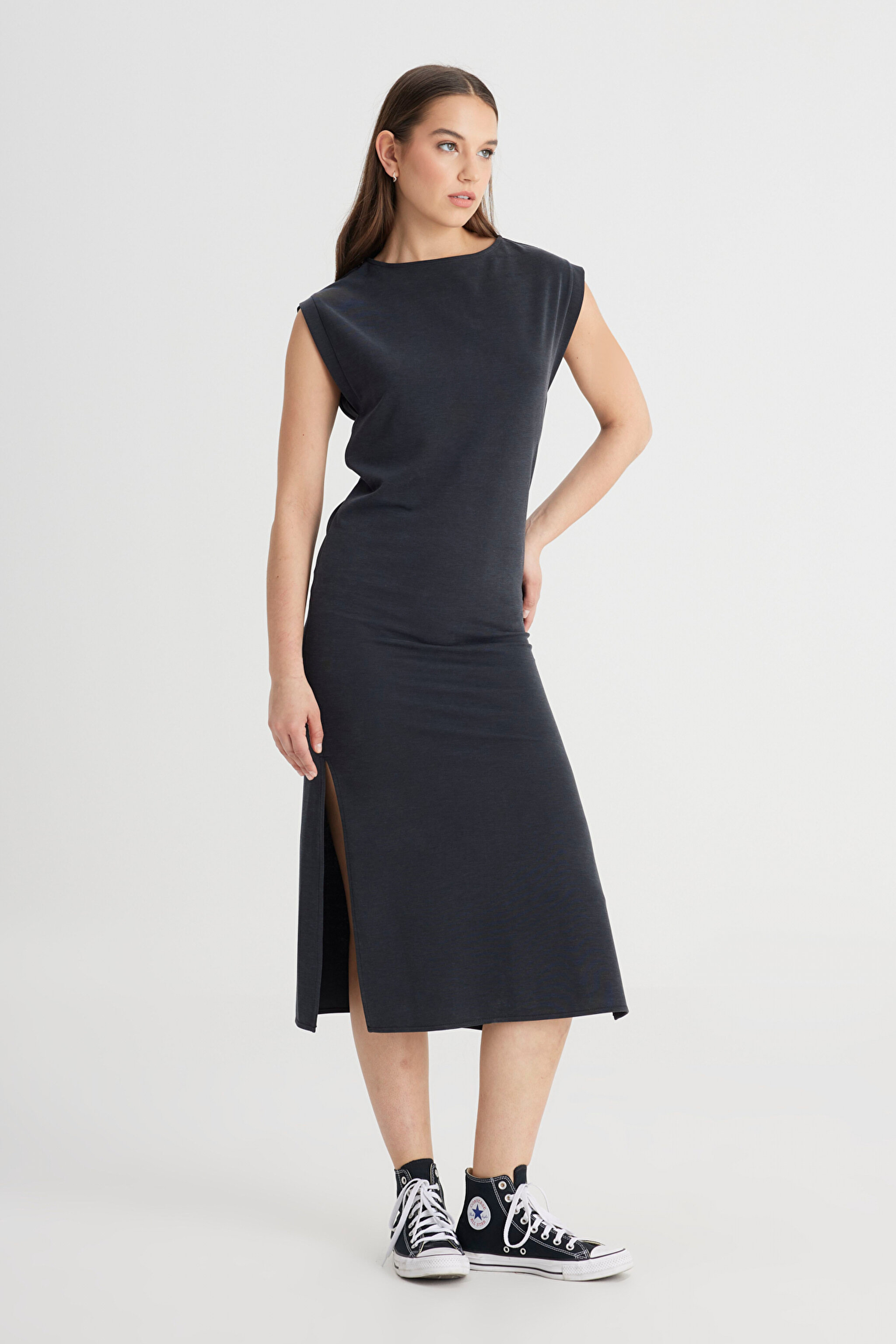 Regular Fit Normal Kesim Bisiklet Yaka Siyah Elbise - Black-L241629001 (görsel 2)