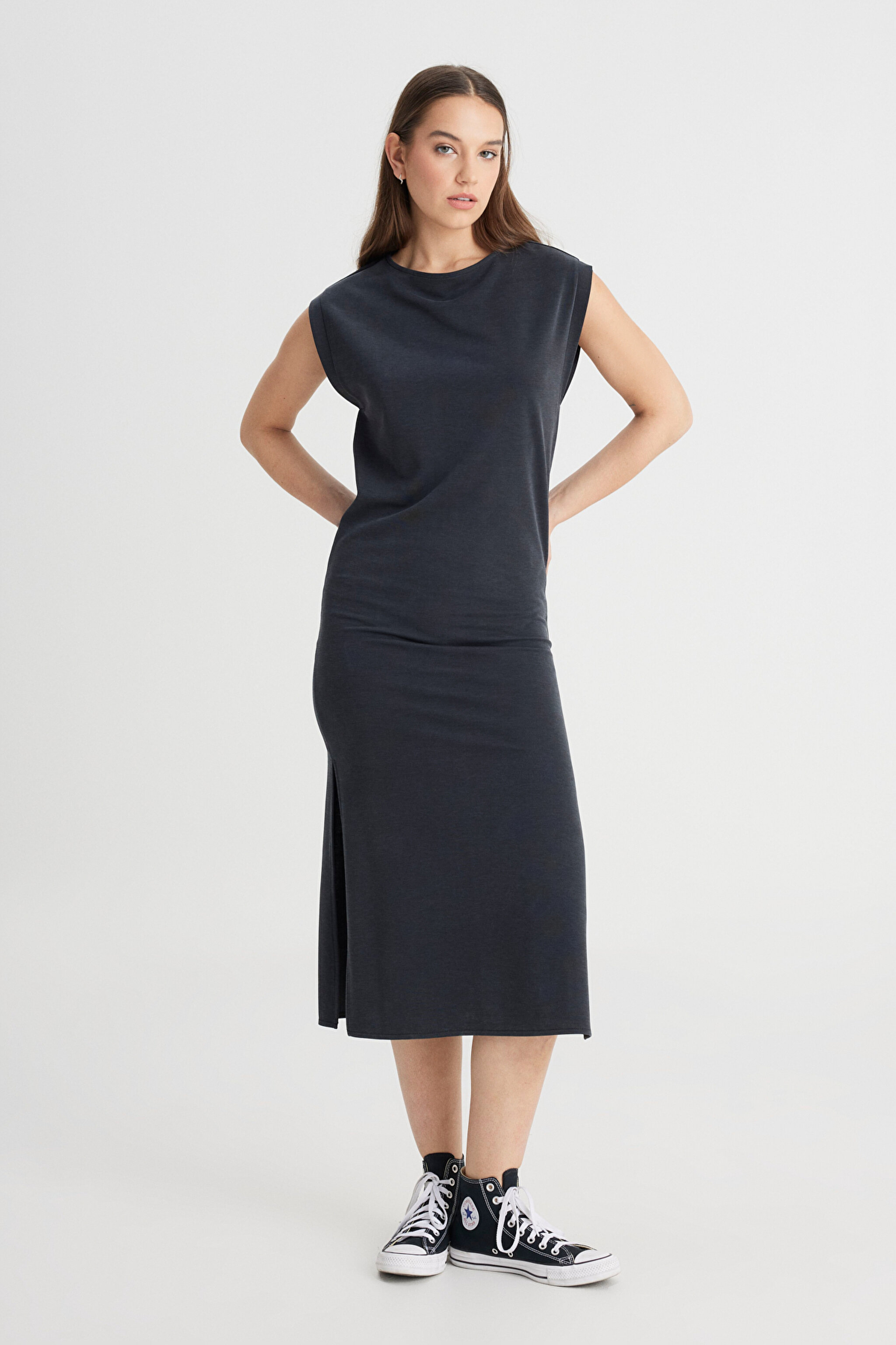 Regular Fit Normal Kesim Bisiklet Yaka Siyah Elbise - Black-L241629001 (görsel 4)