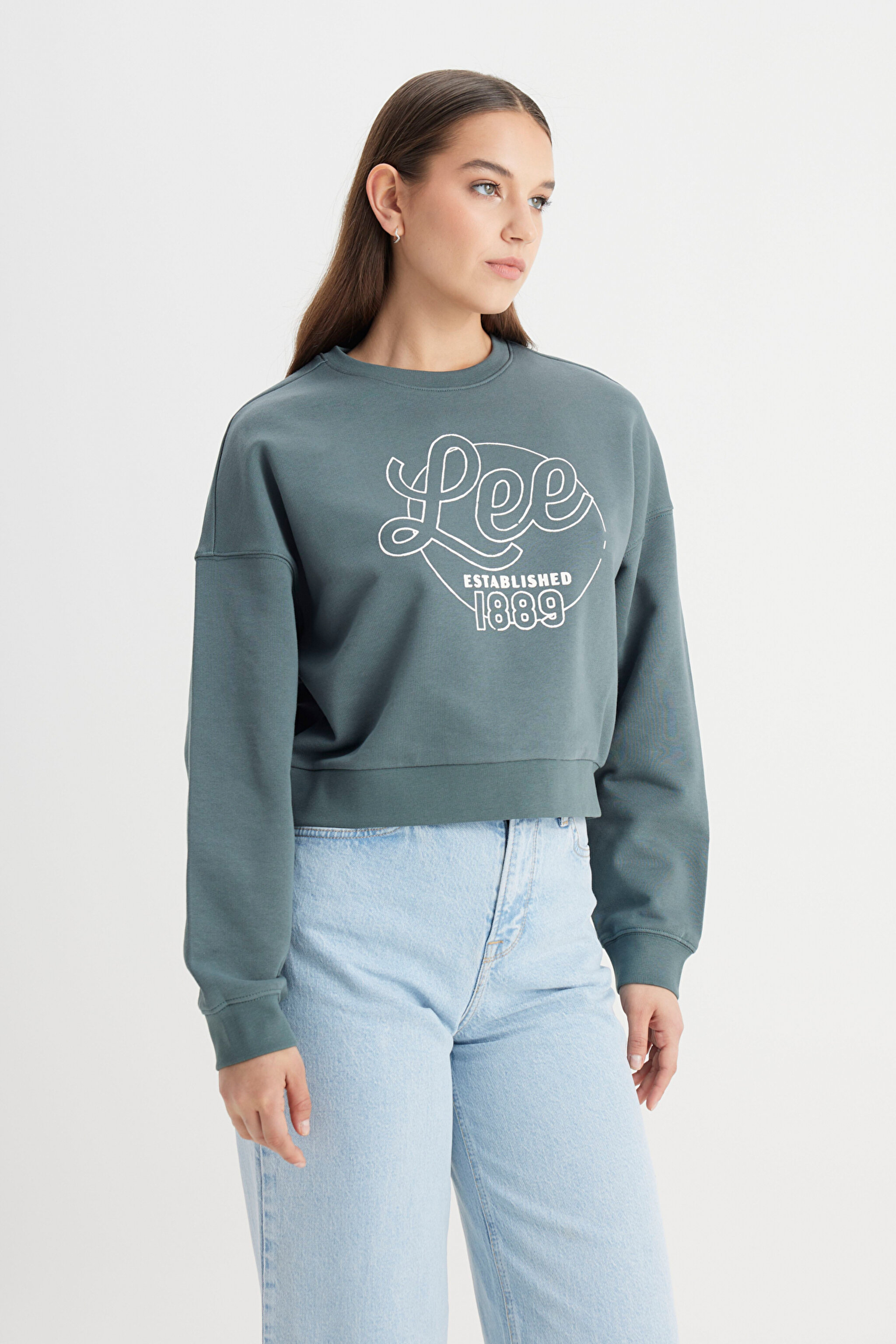Regular Fit Normal Kesim Bisiklet Yaka %100 Pamuk Yeşil Sweatshirt - Green-L241637300