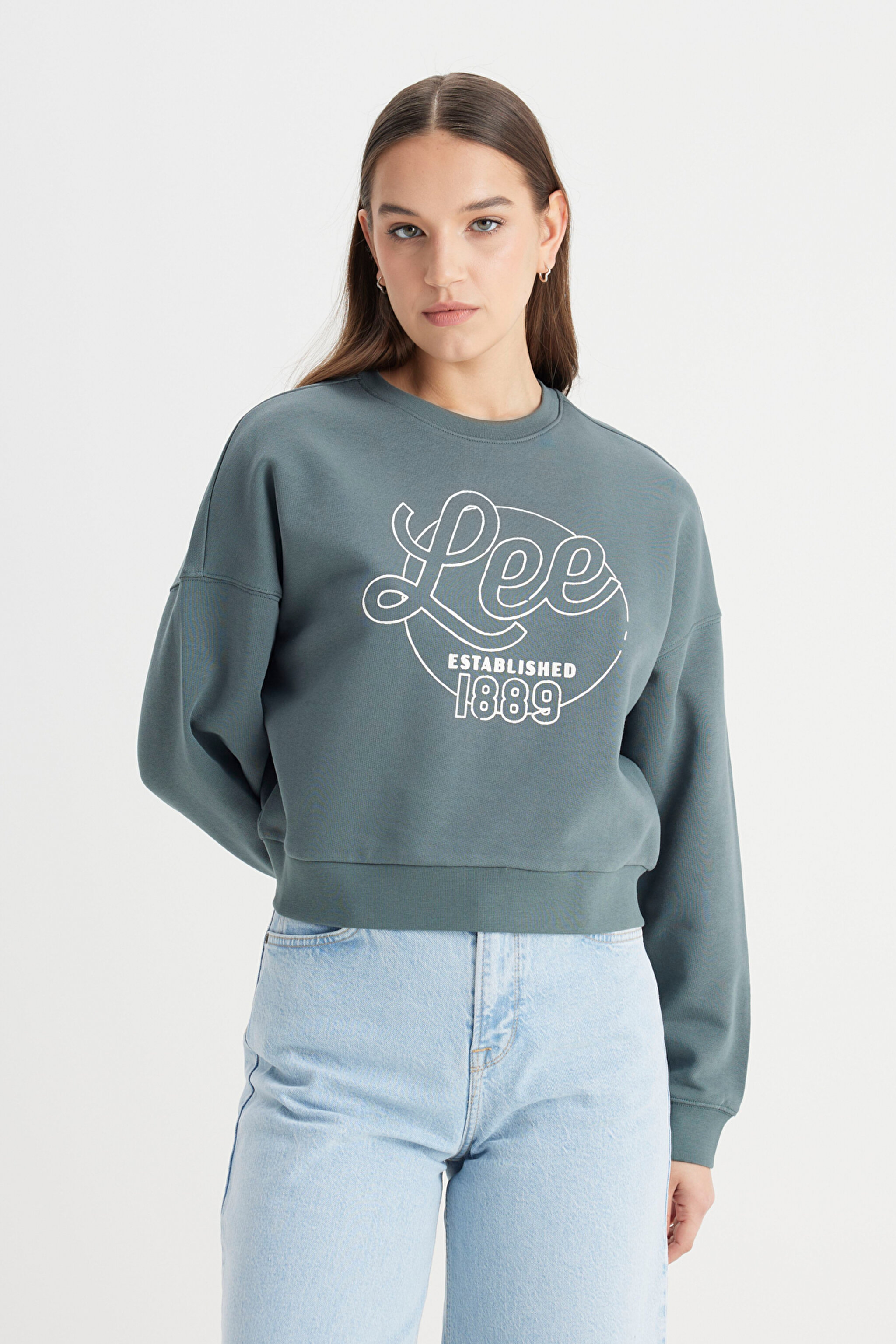 Regular Fit Normal Kesim Bisiklet Yaka %100 Pamuk Yeşil Sweatshirt - Green-L241637300 (görsel 2)