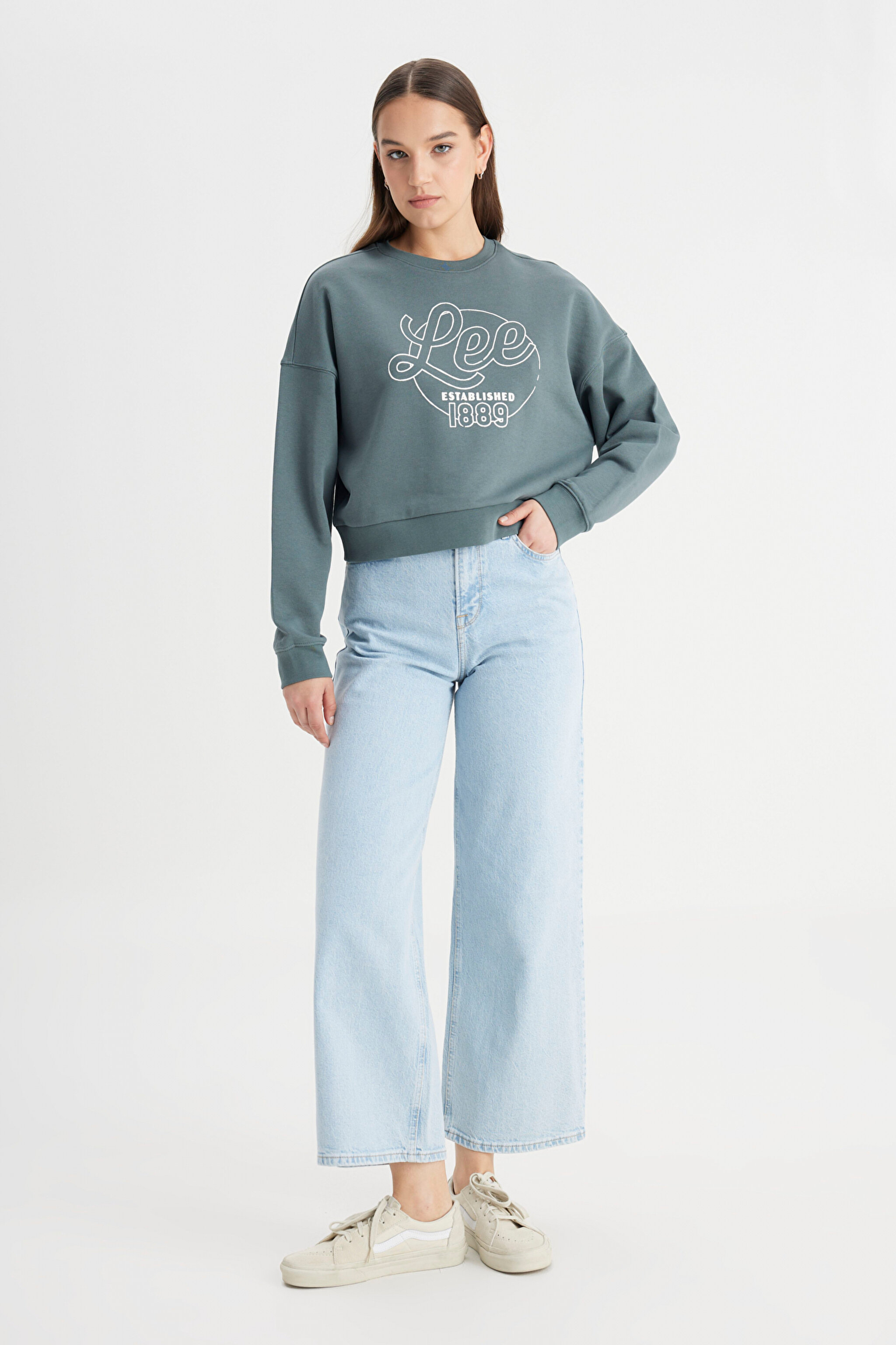 Regular Fit Normal Kesim Bisiklet Yaka %100 Pamuk Yeşil Sweatshirt - Green-L241637300 (görsel 3)