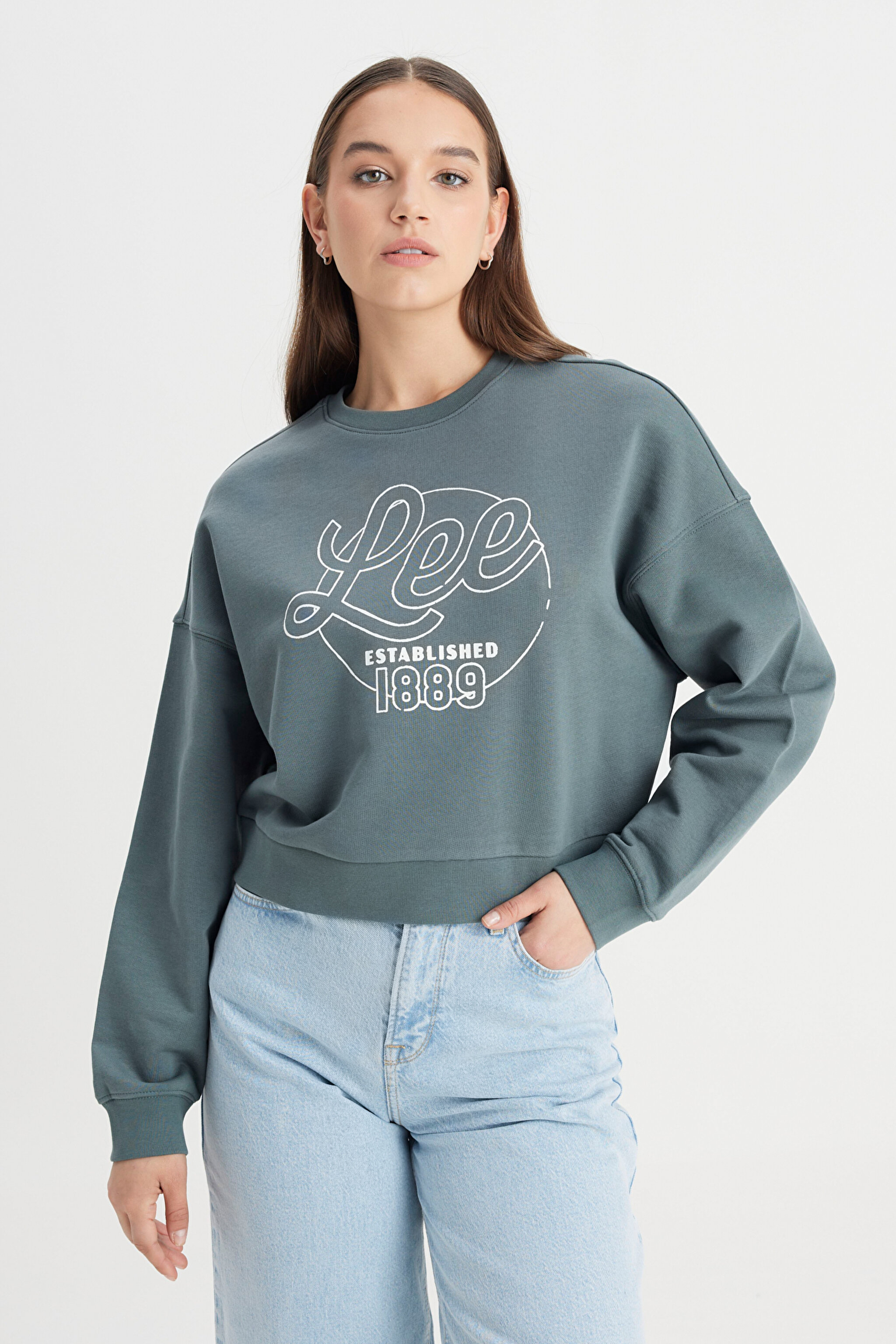 Regular Fit Normal Kesim Bisiklet Yaka %100 Pamuk Yeşil Sweatshirt - Green-L241637300 (görsel 4)
