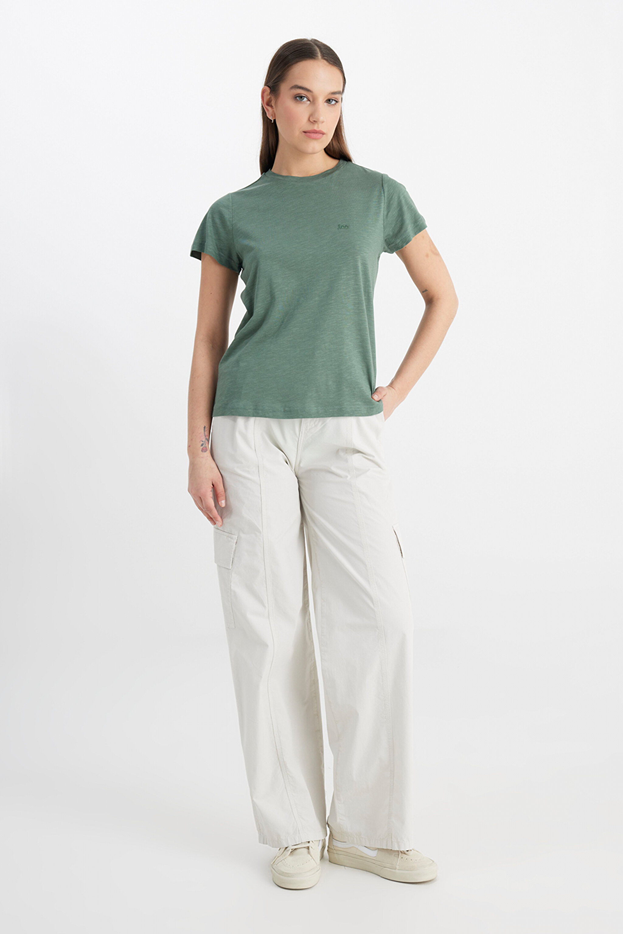 Regular Fit Normal Kesim Bisiklet Yaka Haki Tişört - Khaki-L241644801 (görsel 3)