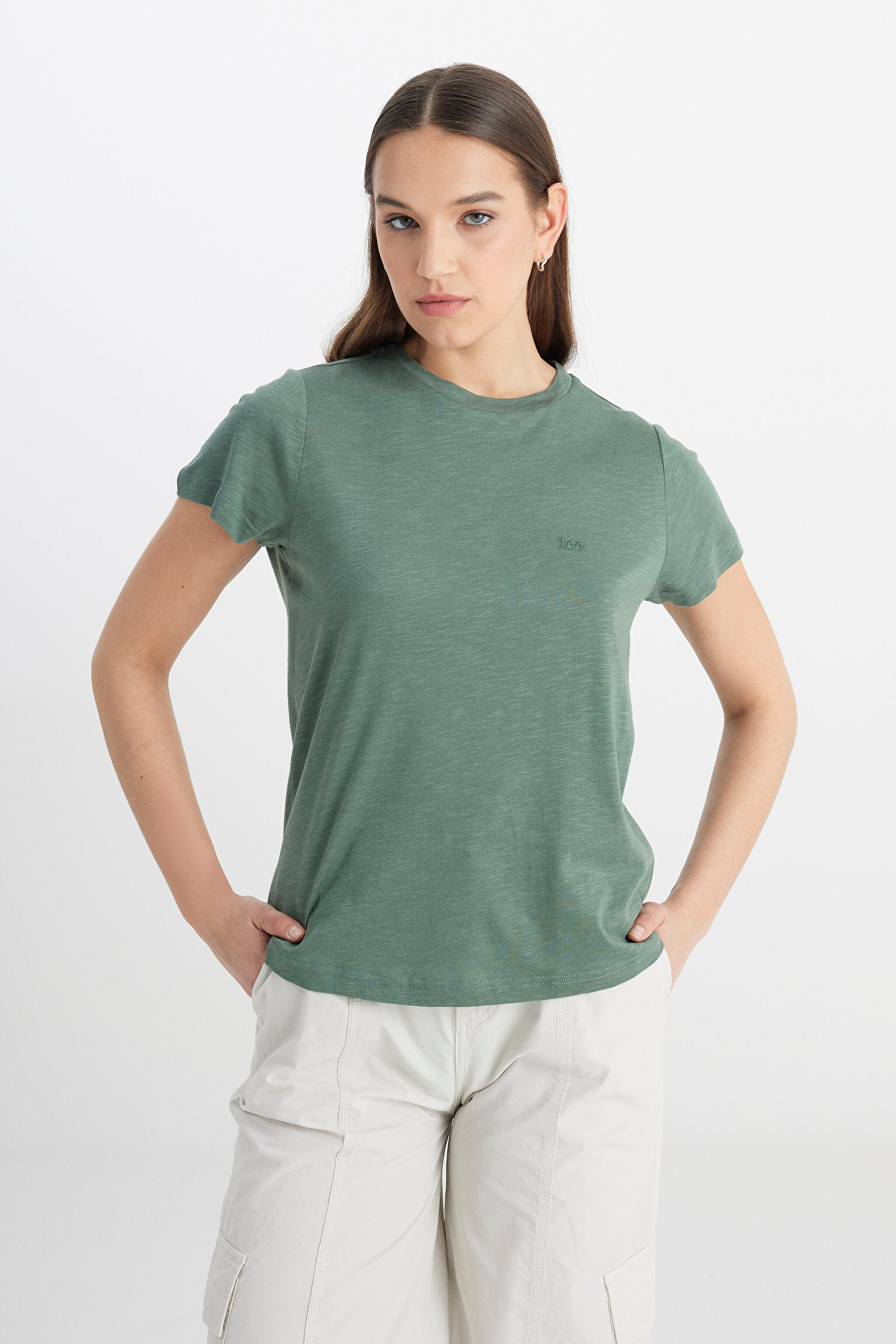 Regular Fit Normal Kesim Bisiklet Yaka Haki Tişört - Khaki-L241644801 (görsel 4)