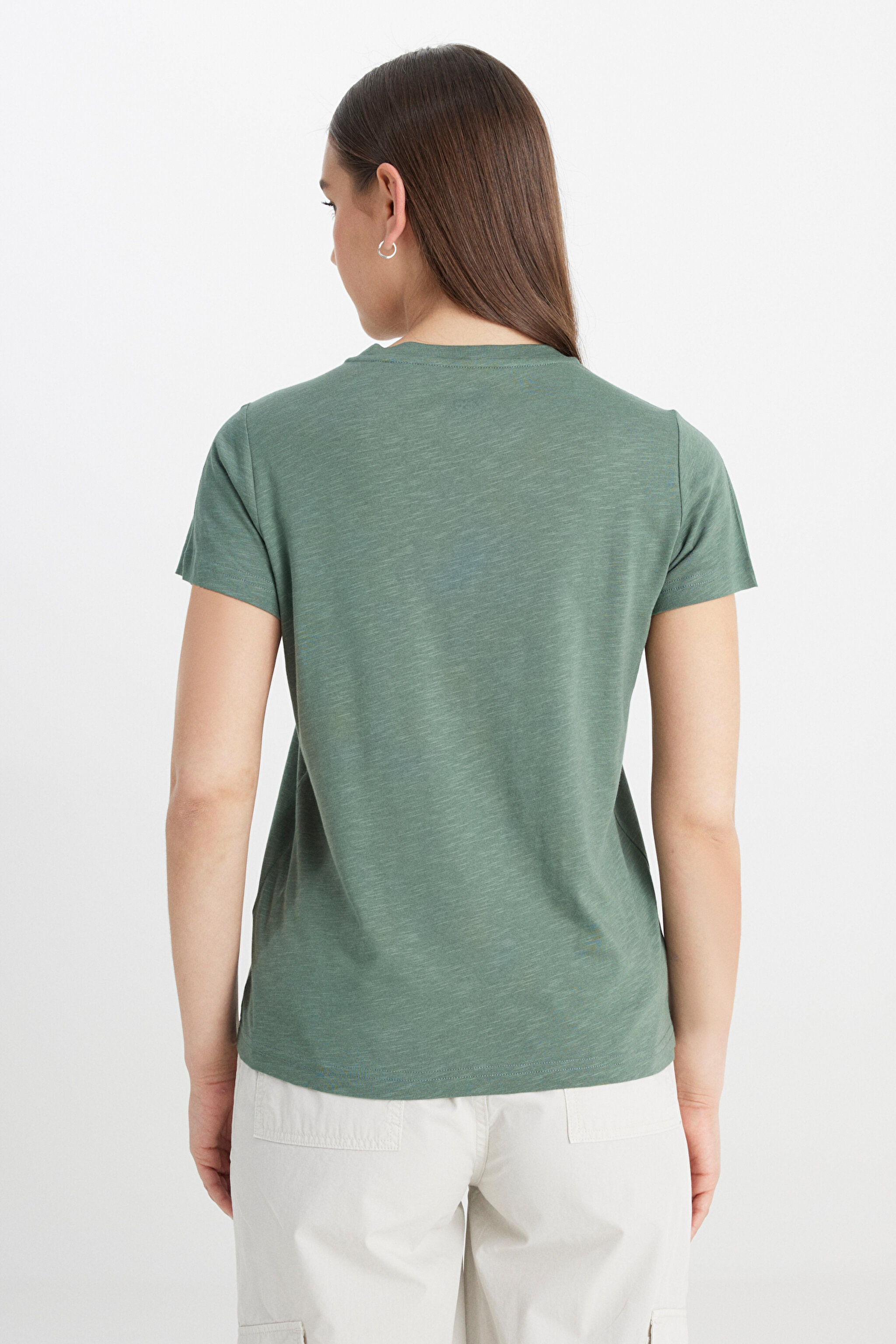 Regular Fit Normal Kesim Bisiklet Yaka Haki Tişört - Khaki-L241644801 (görsel 5)
