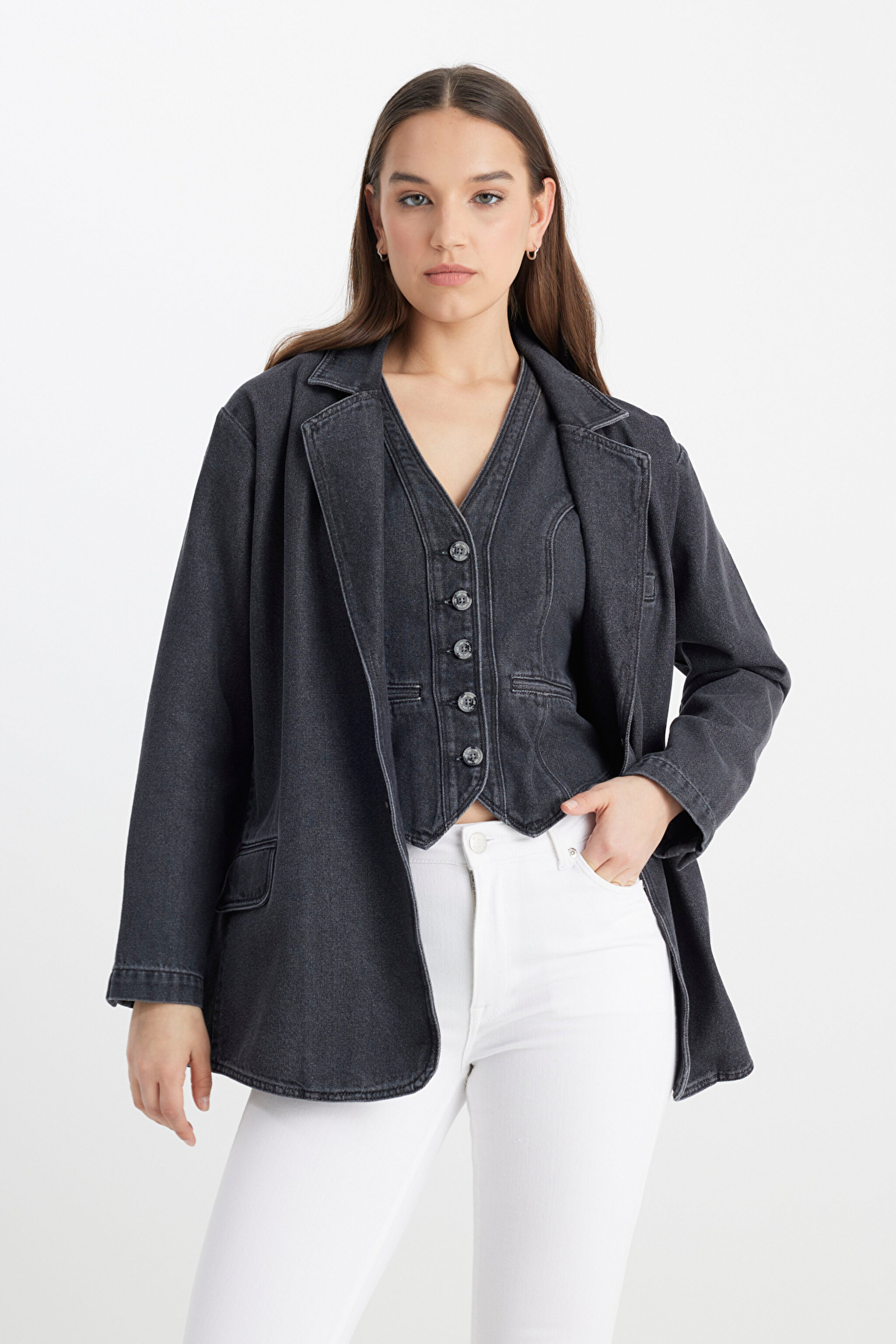 Oversize Bol Kesim %100 Pamuk Antrasit Jean Kot Ceket - Anthracite-L241652003