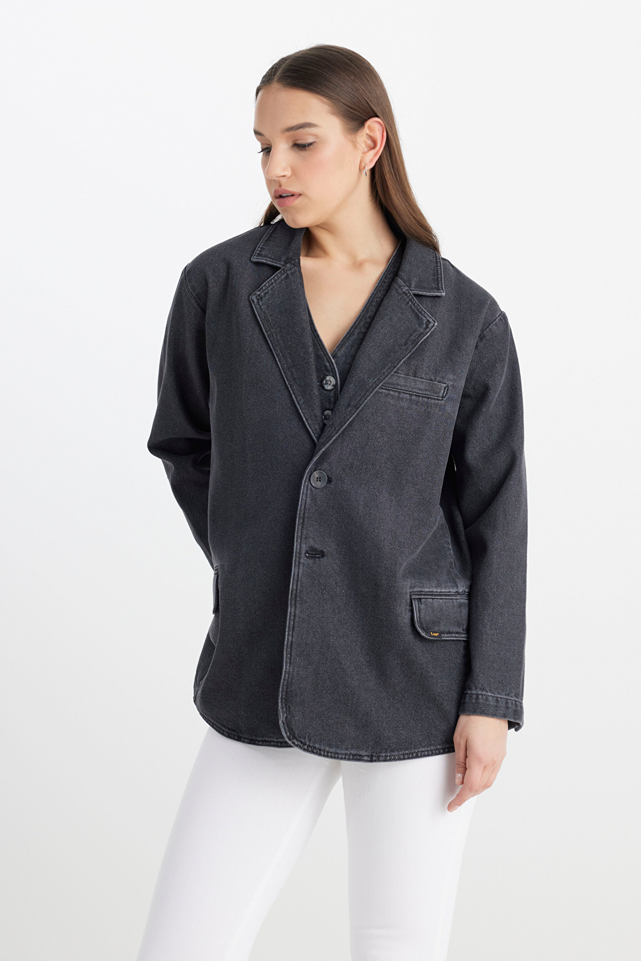 Oversize Bol Kesim %100 Pamuk Antrasit Jean Kot Ceket - Anthracite-L241652003 (görsel 2)