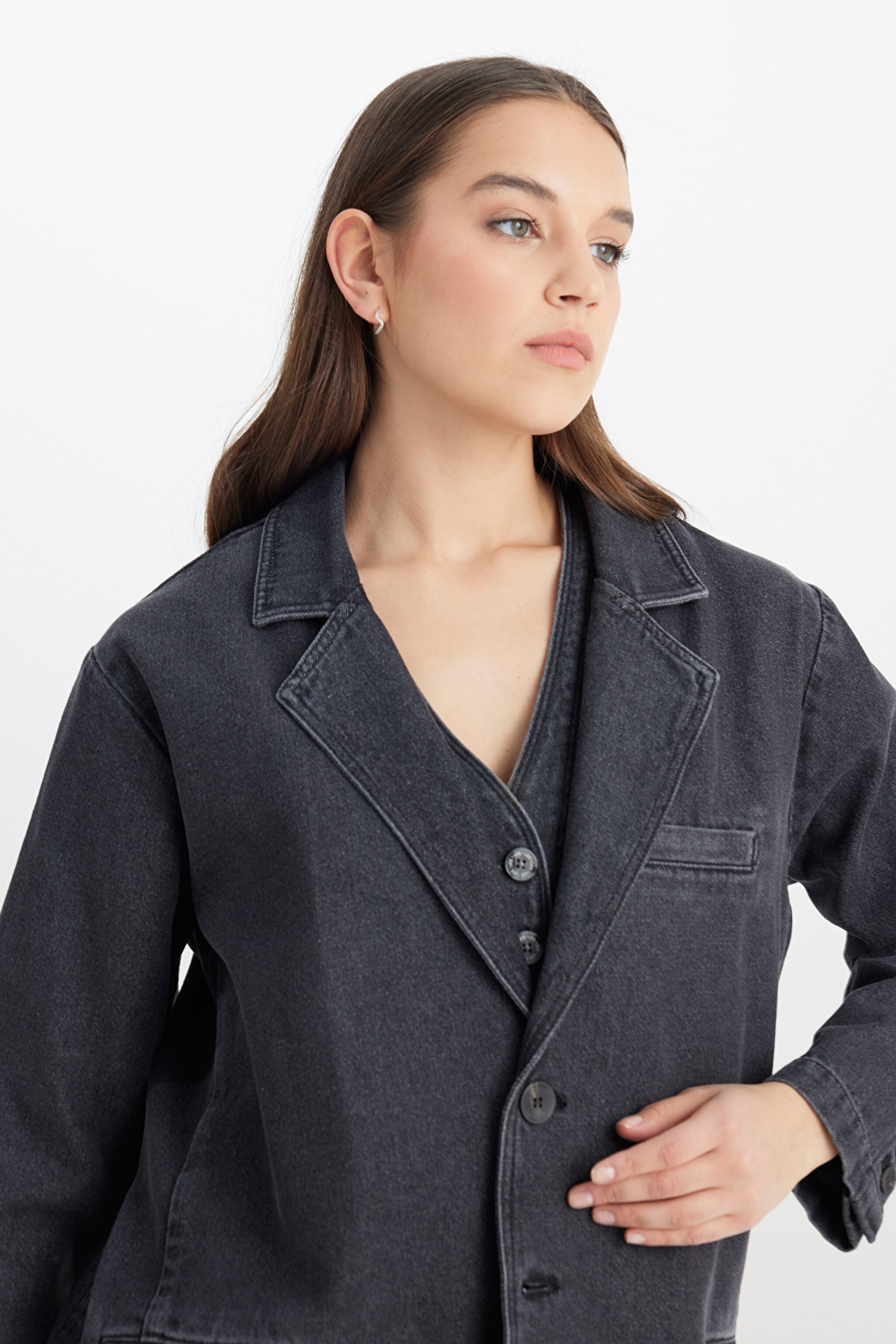 Oversize Bol Kesim %100 Pamuk Antrasit Jean Kot Ceket - Anthracite-L241652003 (görsel 4)
