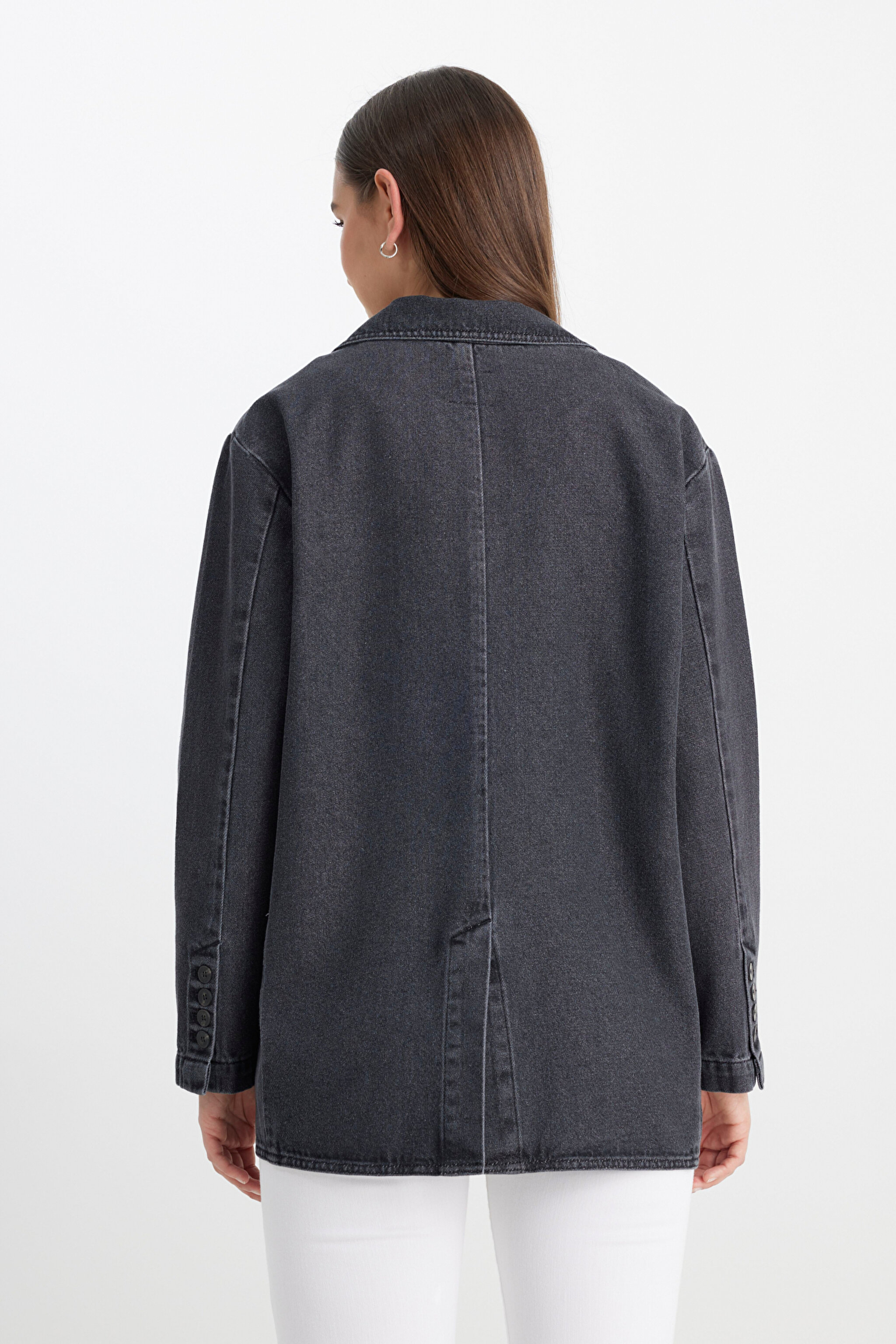 Oversize Bol Kesim %100 Pamuk Antrasit Jean Kot Ceket - Anthracite-L241652003 (görsel 7)