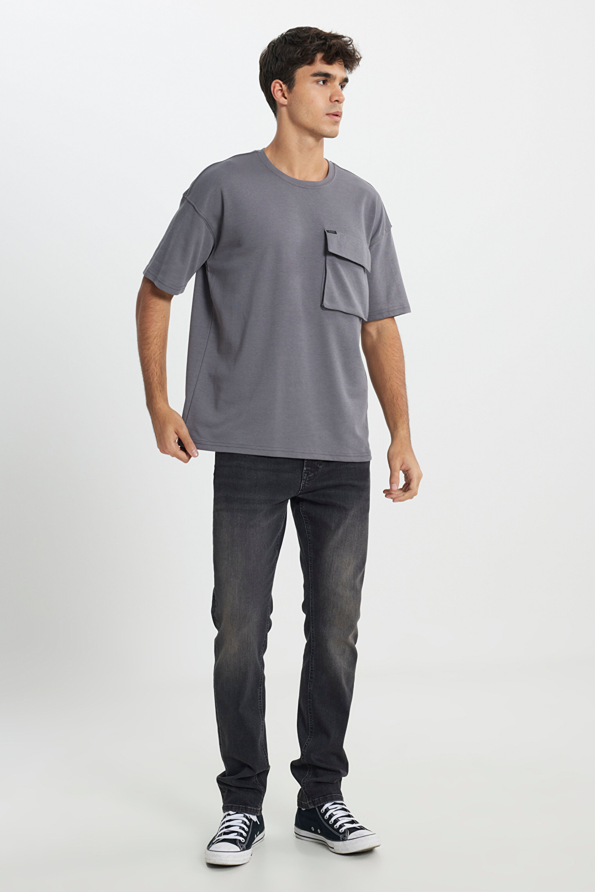 Loose Fit Rahat Kesim Bisiklet Yaka Siyah Tişört - Anthracite-L241669003 (görsel 2)