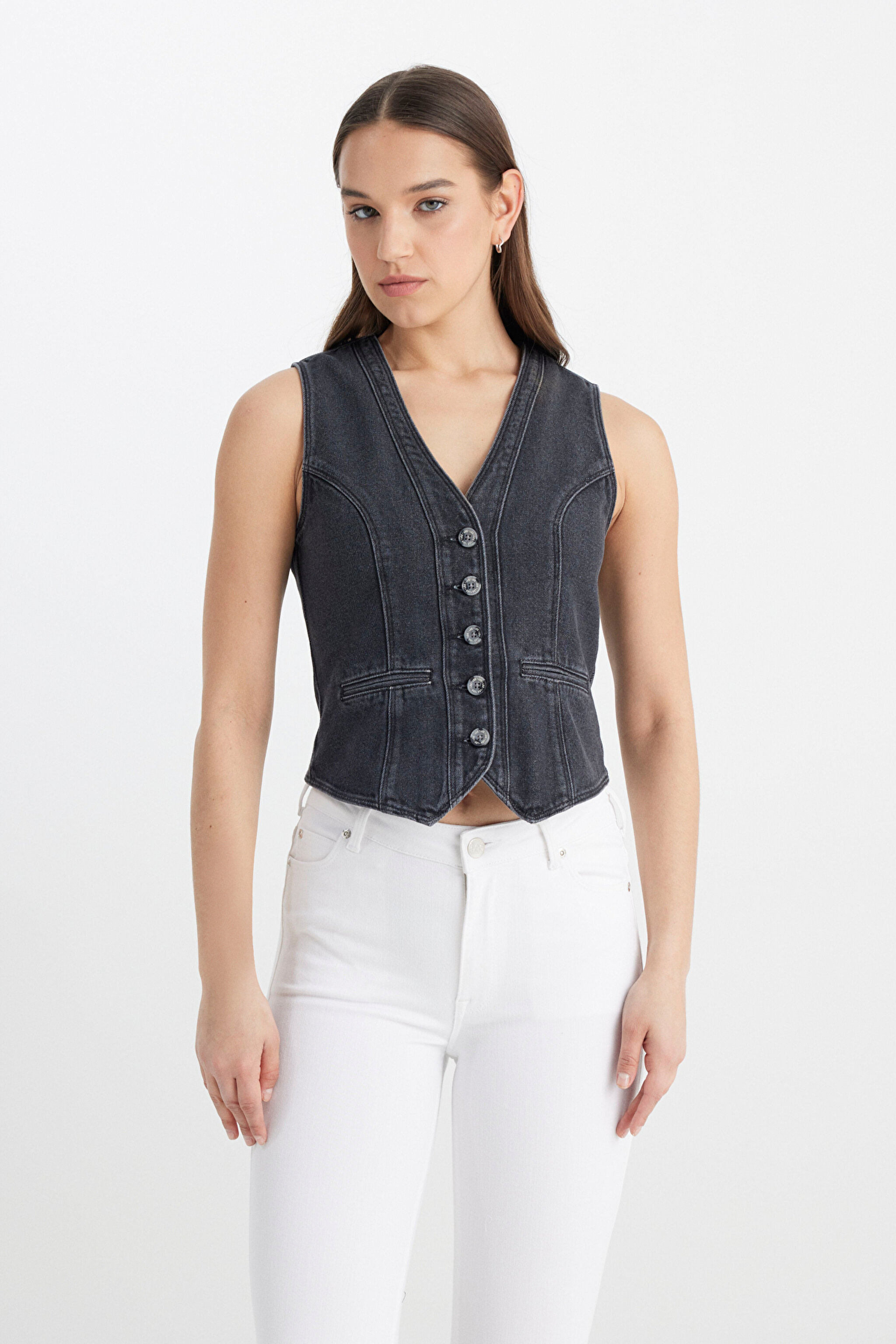 Regular Fit Normal Kesim V Yaka %100 Pamuk Antrasit Jean Kot Yelek - Anthracite-L241740003 (görsel 4)