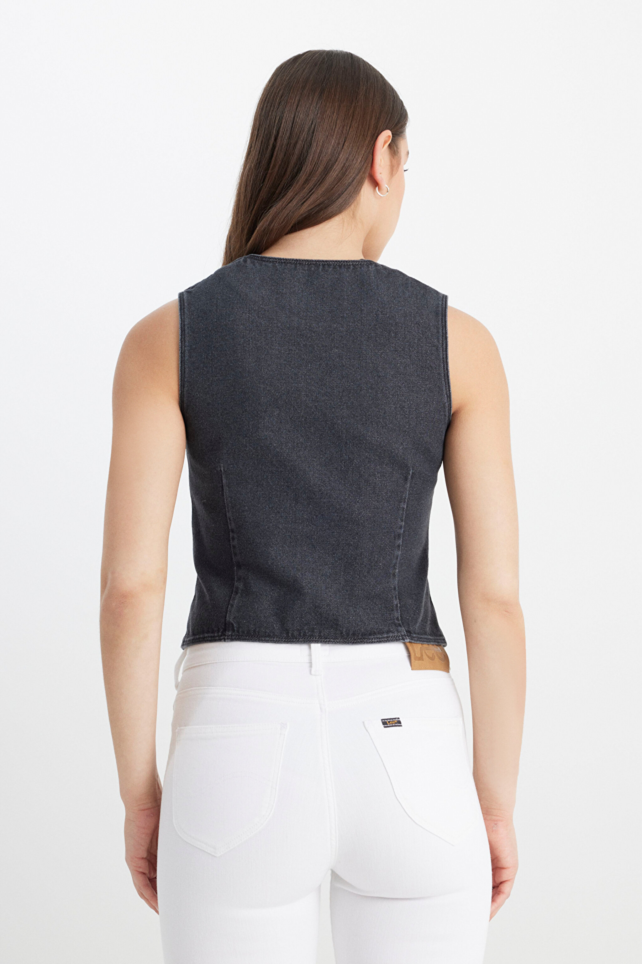 Regular Fit Normal Kesim V Yaka %100 Pamuk Antrasit Jean Kot Yelek - Anthracite-L241740003 (görsel 5)