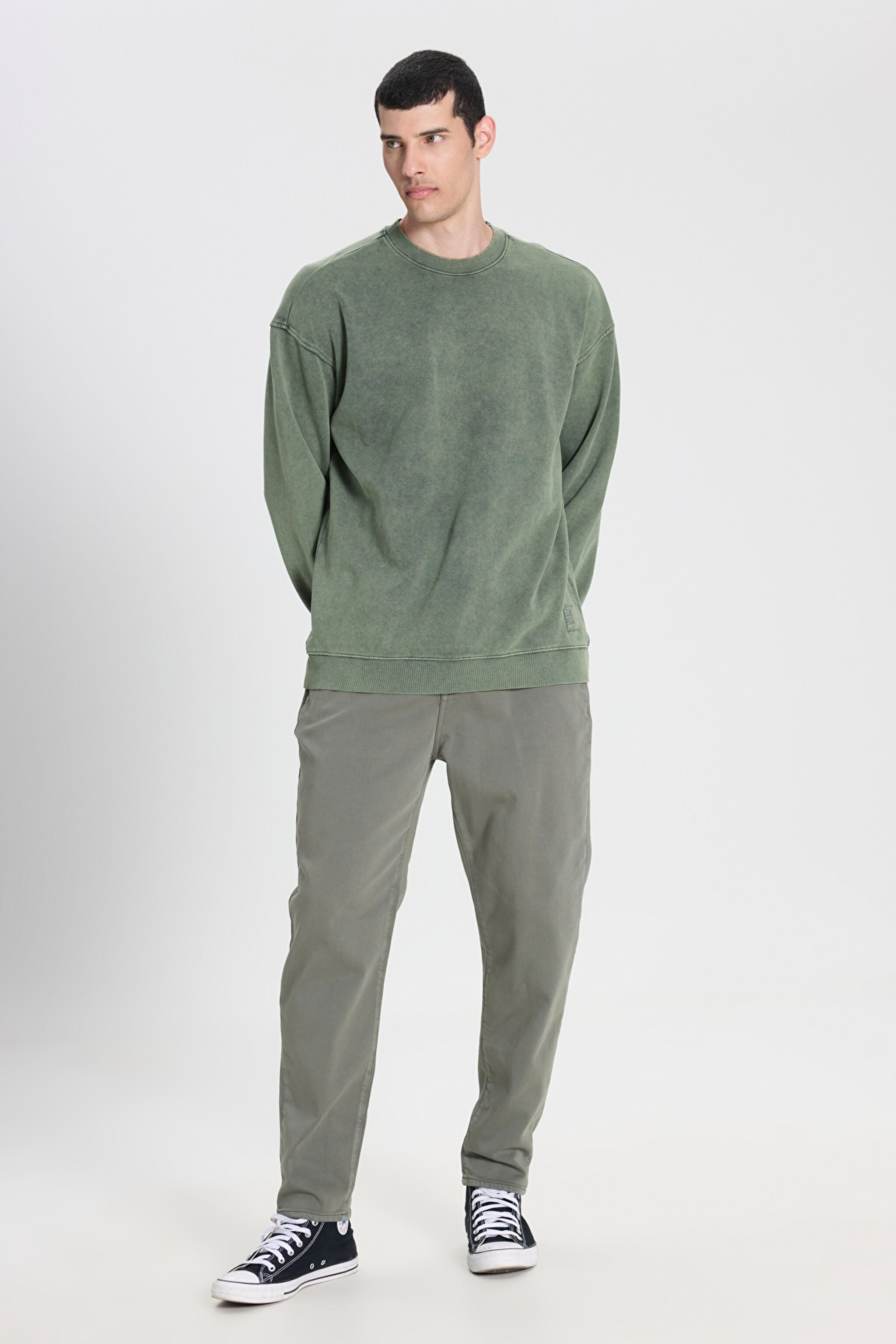 Loose Fit Rahat Kesim Bisiklet Yaka %100 Pamuk Yeşil Sweatshirt - Green-L241744300 (görsel 3)