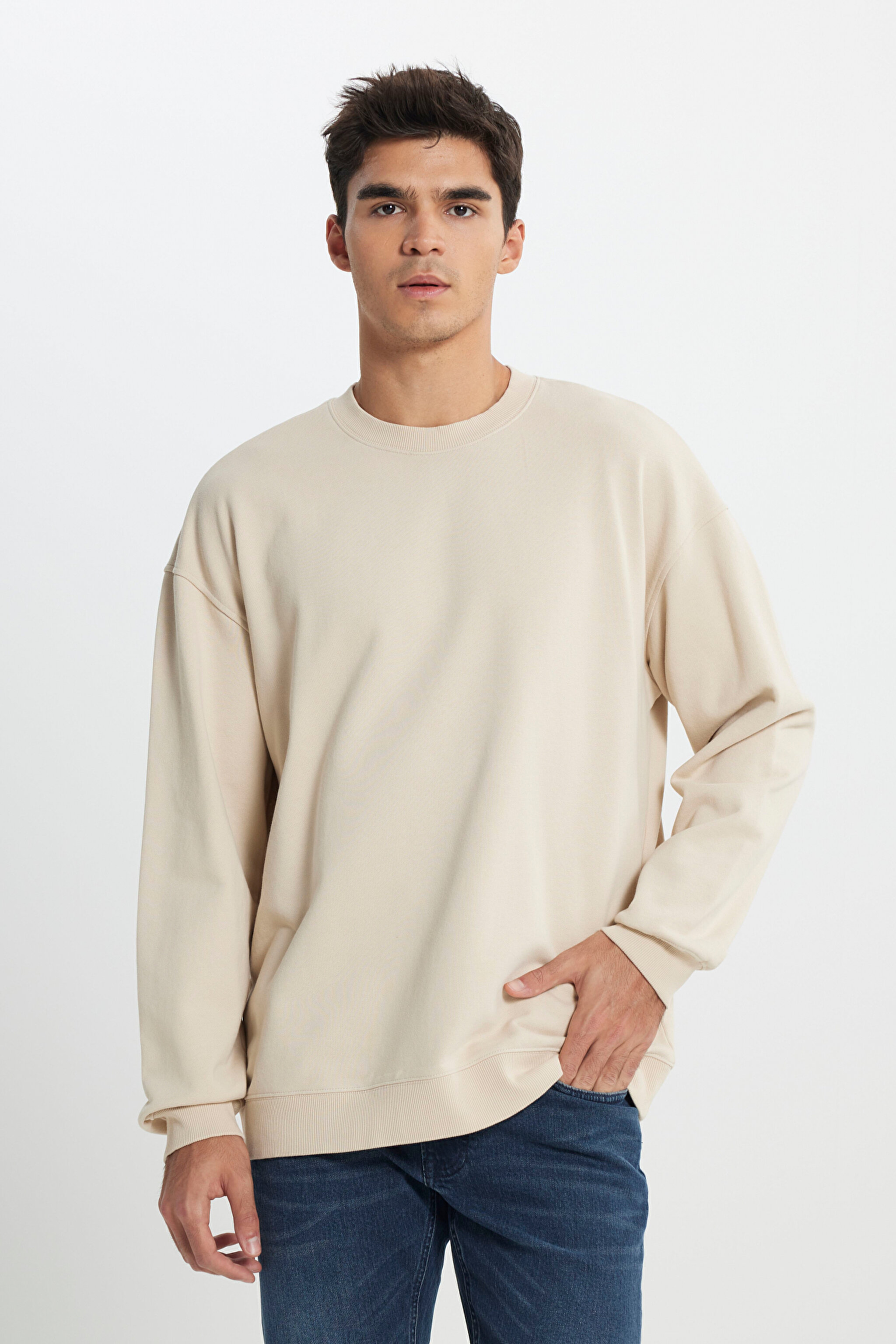 Loose Fit Rahat Kesim Bisiklet Yaka %100 Pamuk Bej Sweatshirt - Beige-L241744614