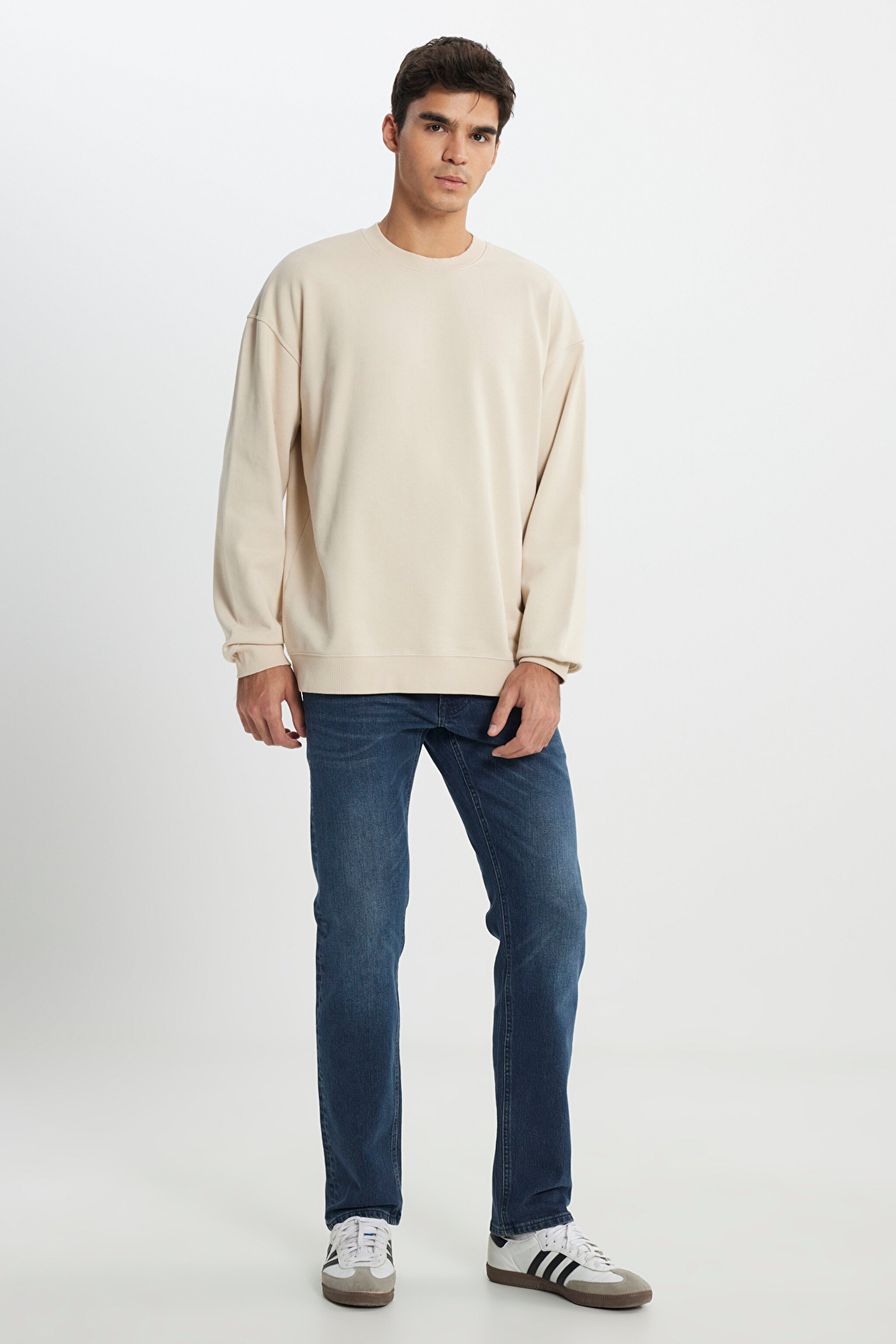 Loose Fit Rahat Kesim Bisiklet Yaka %100 Pamuk Bej Sweatshirt - Beige-L241744614 (görsel 4)