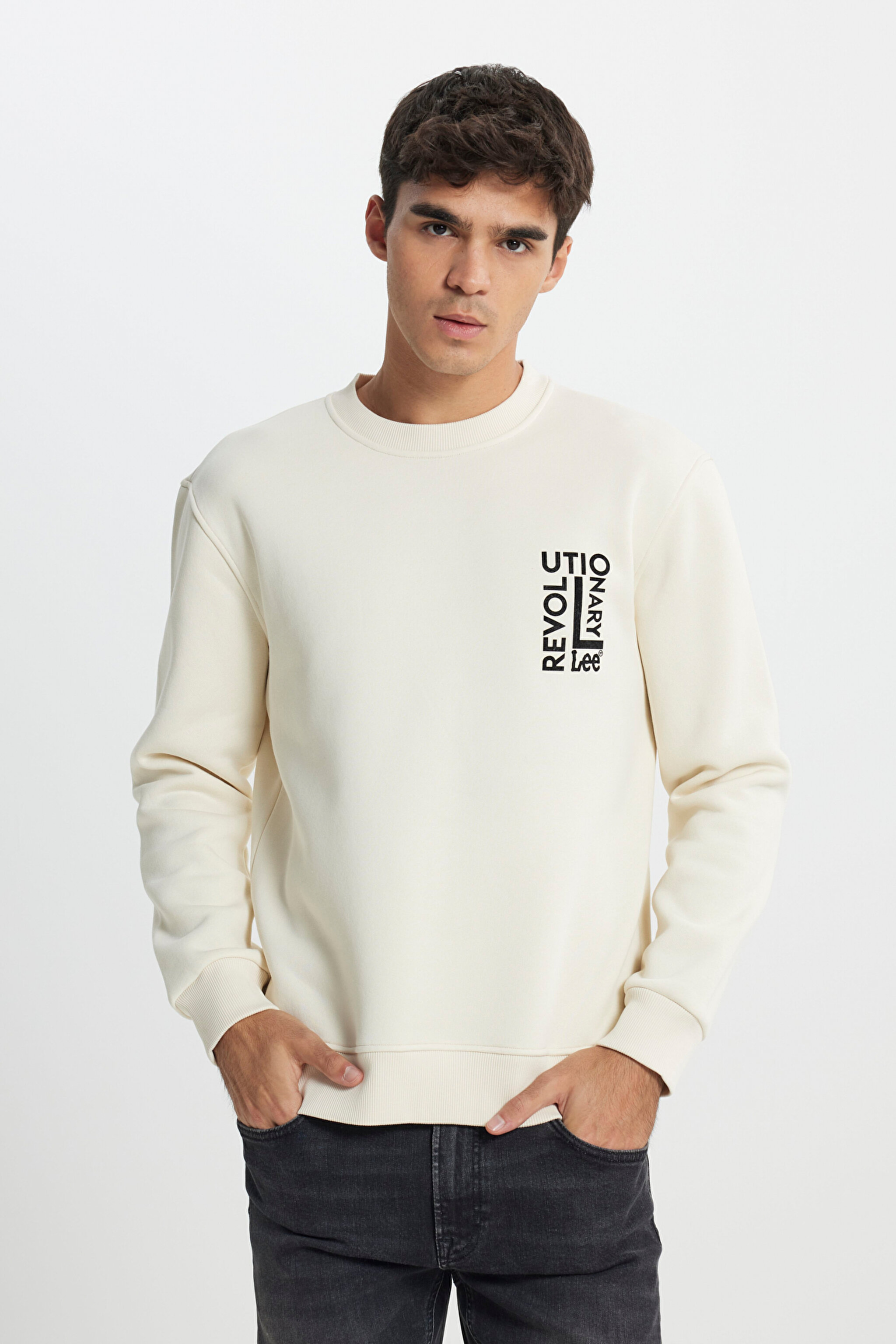 Regular Fit Normal Kesim Bisiklet Yaka İçi Polarlı Ekru Sweatshirt - Ecru-L242166104