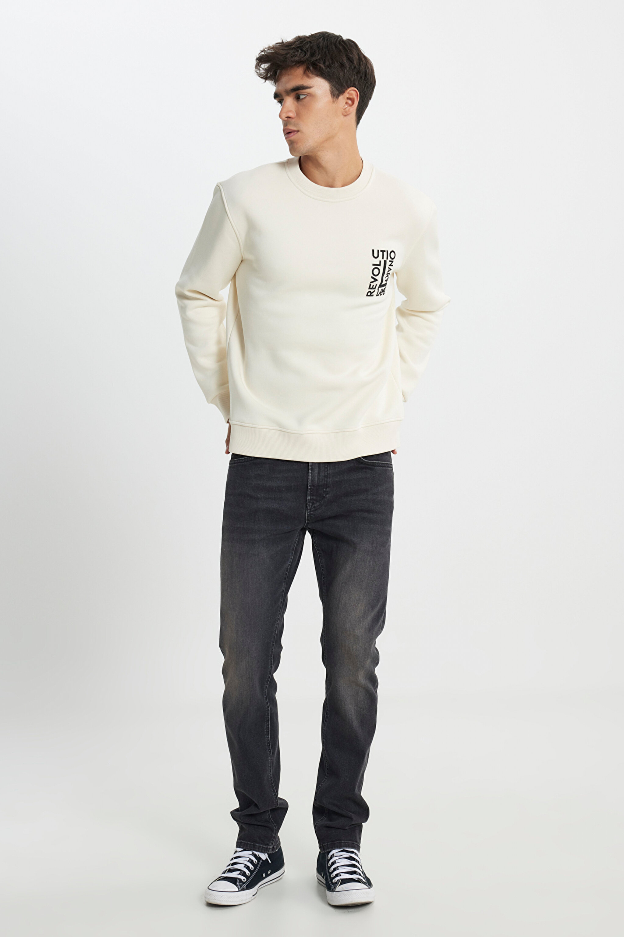 Regular Fit Normal Kesim Bisiklet Yaka İçi Polarlı Ekru Sweatshirt - Ecru-L242166104 (görsel 2)