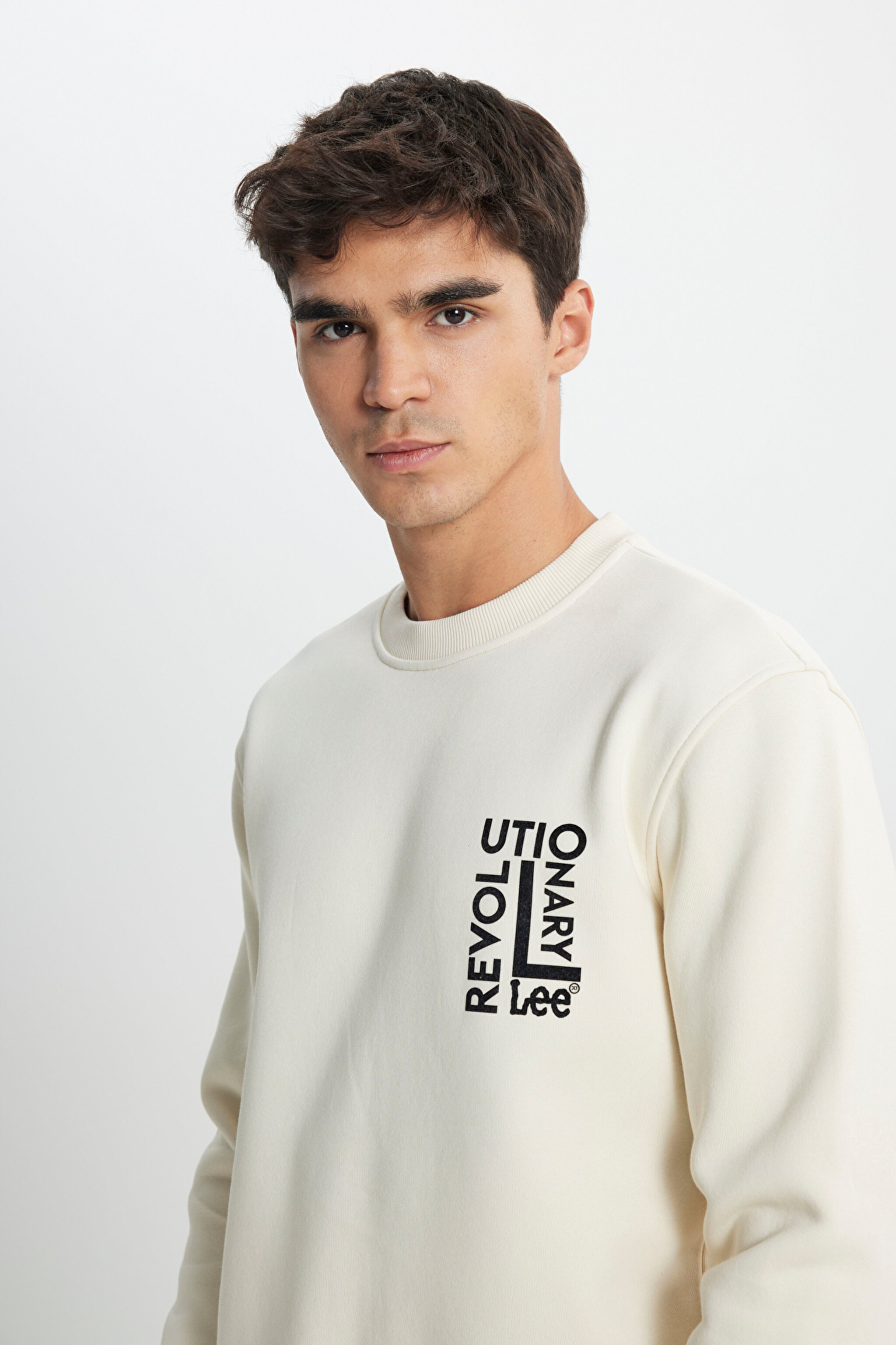 Regular Fit Normal Kesim Bisiklet Yaka İçi Polarlı Ekru Sweatshirt - Ecru-L242166104 (görsel 3)