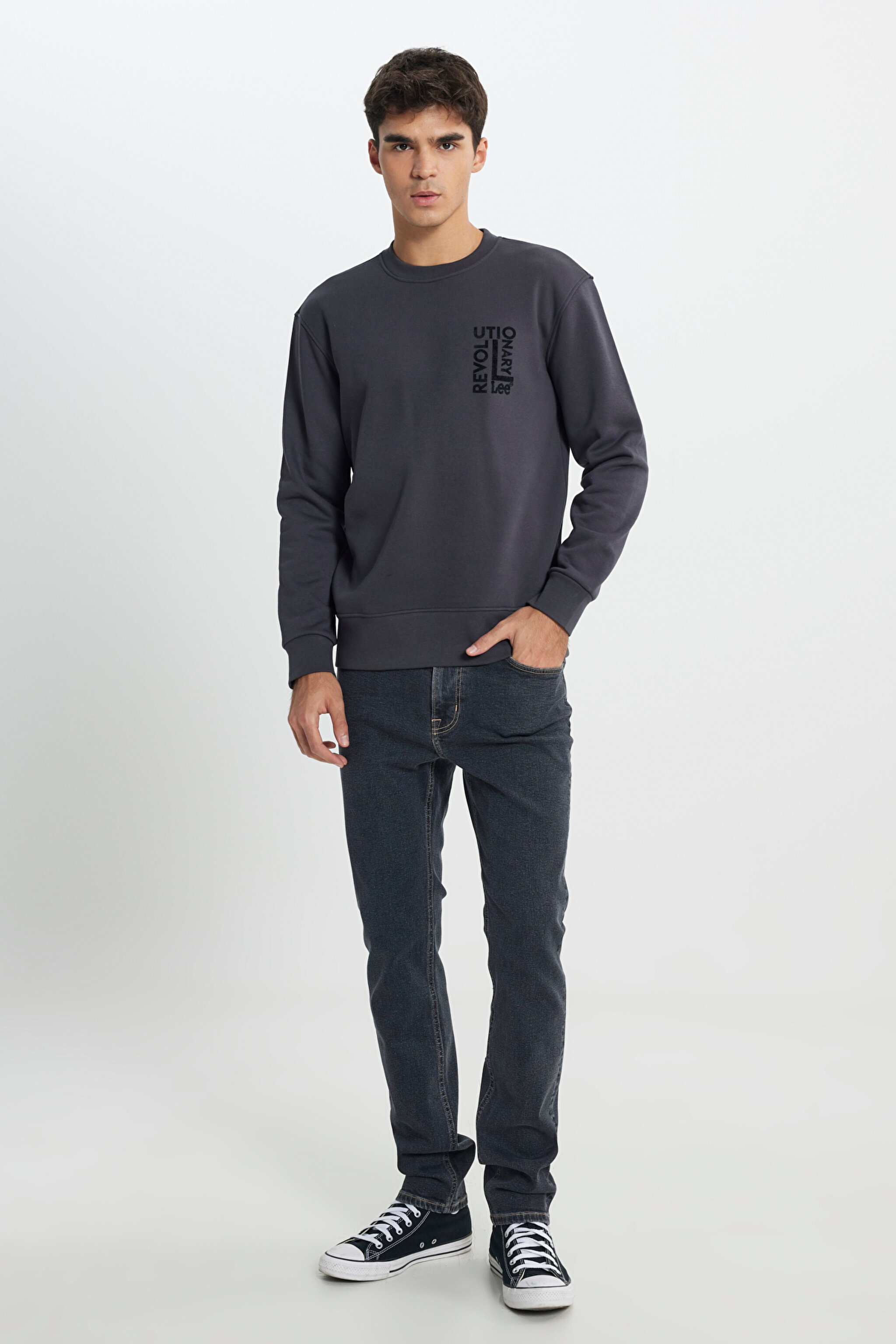 Regular Fit Normal Kesim Bisiklet Yaka İçi Polarlı Antrasit Sweatshirt - Faded Black-L24216633W (görsel 2)