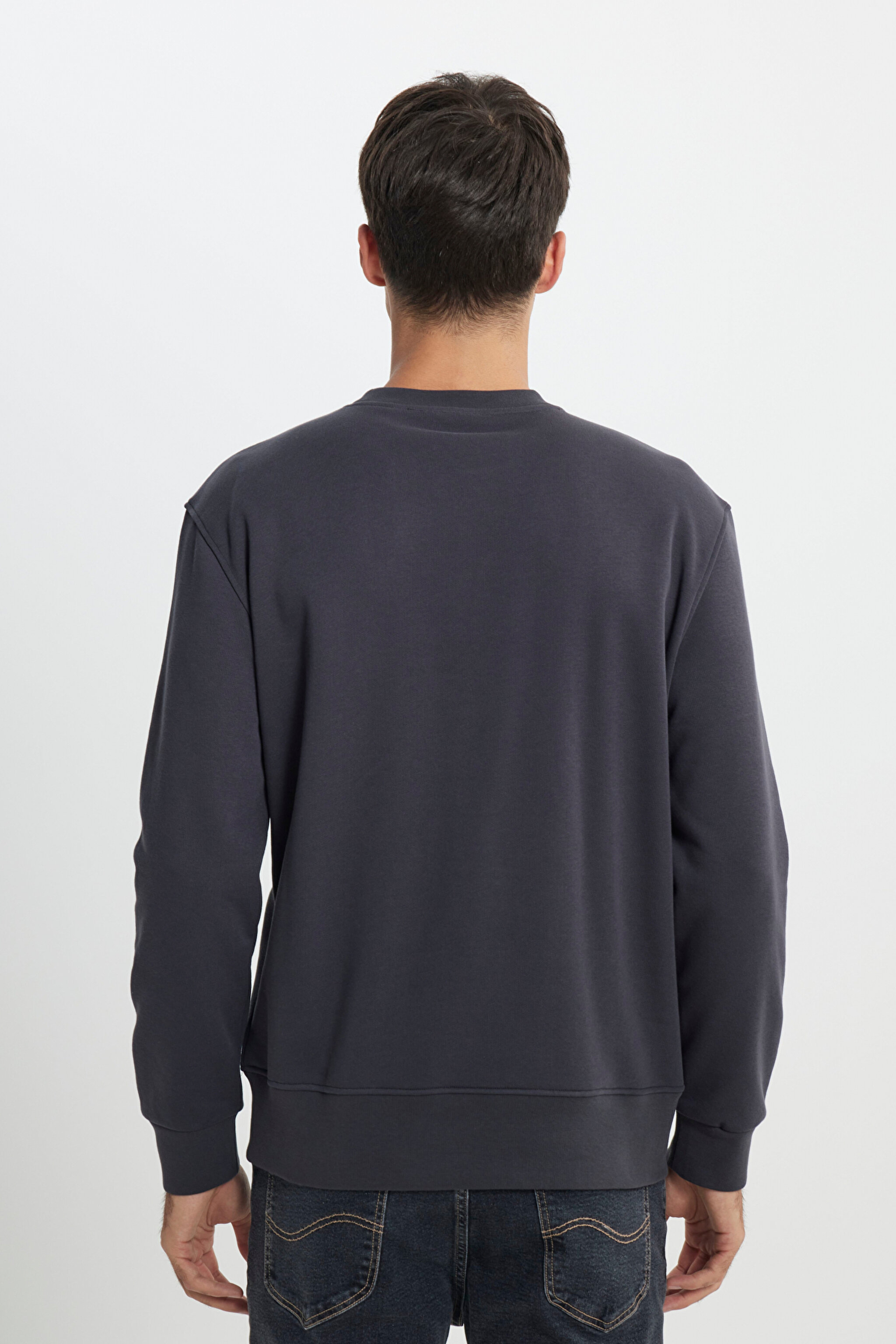 Regular Fit Normal Kesim Bisiklet Yaka İçi Polarlı Antrasit Sweatshirt - Faded Black-L24216633W (görsel 5)