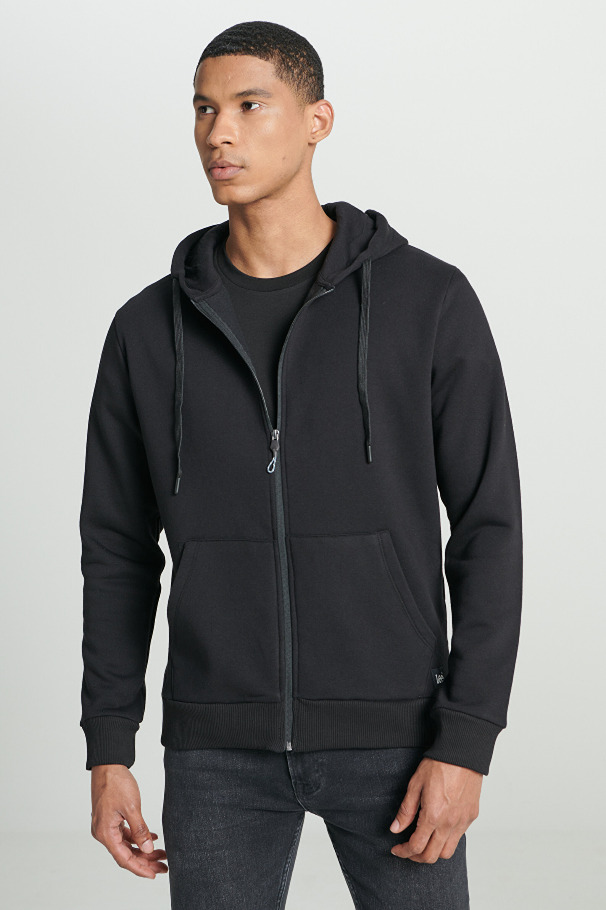 Regular Fit Normal Kesim Kapüşonlu İçi Polarlı Siyah Sweatshirt Ceket