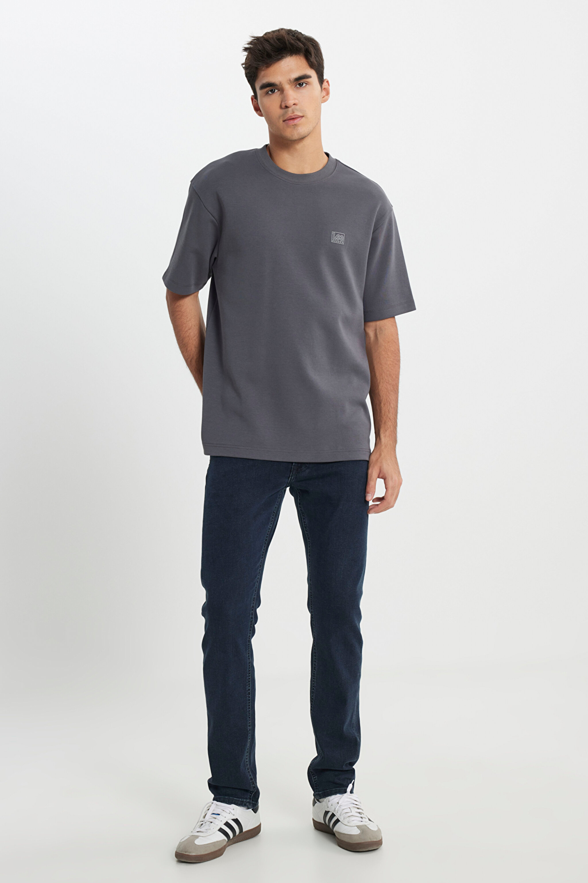 Relaxed Fit Geniş Kesim Bisiklet Yaka Antrasit Tişört - Anthracite-L242423003 (görsel 3)