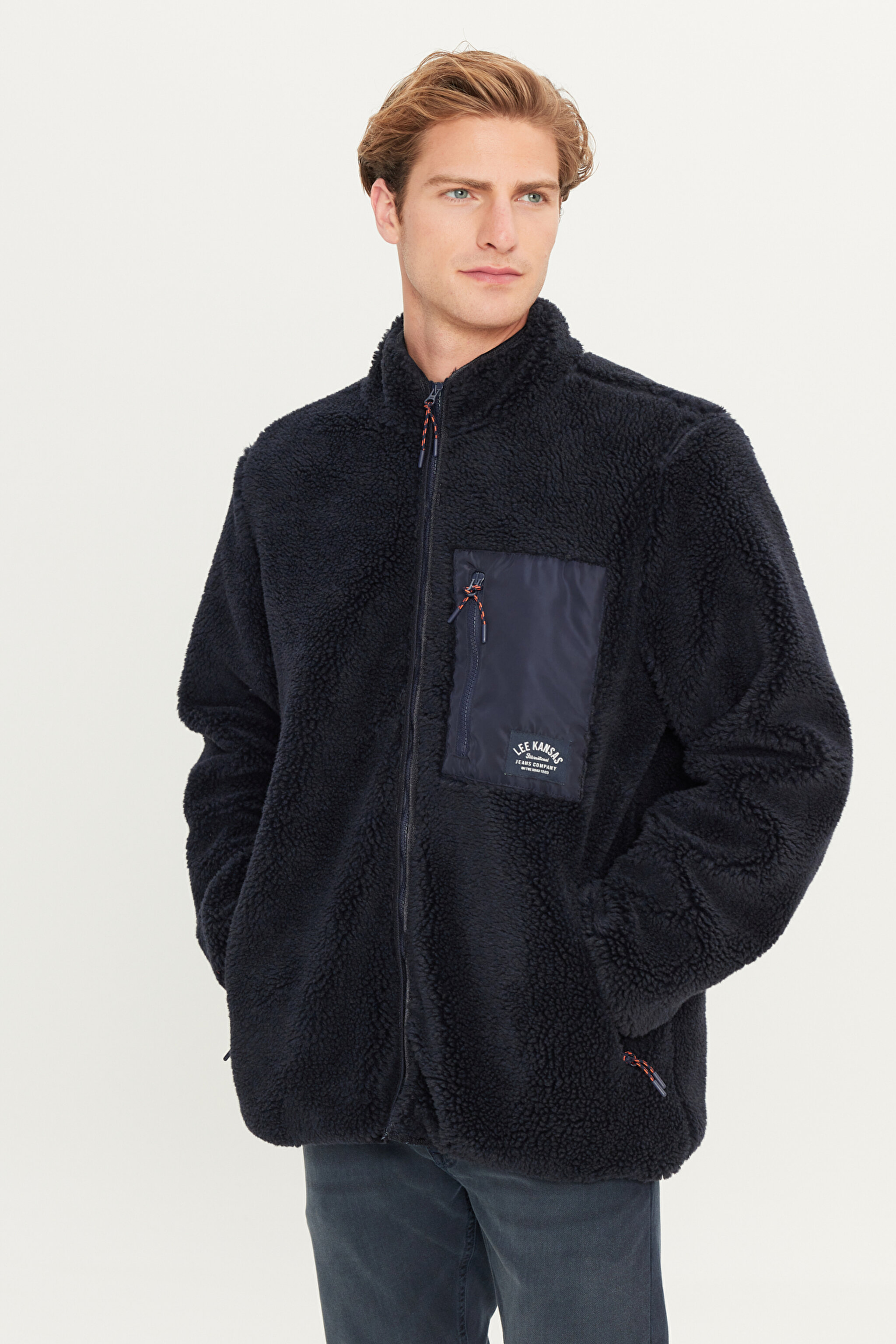 Regular Fit Normal Kesim Fermuarlı Cep Detaylı Lacivert Sherpa Ceket